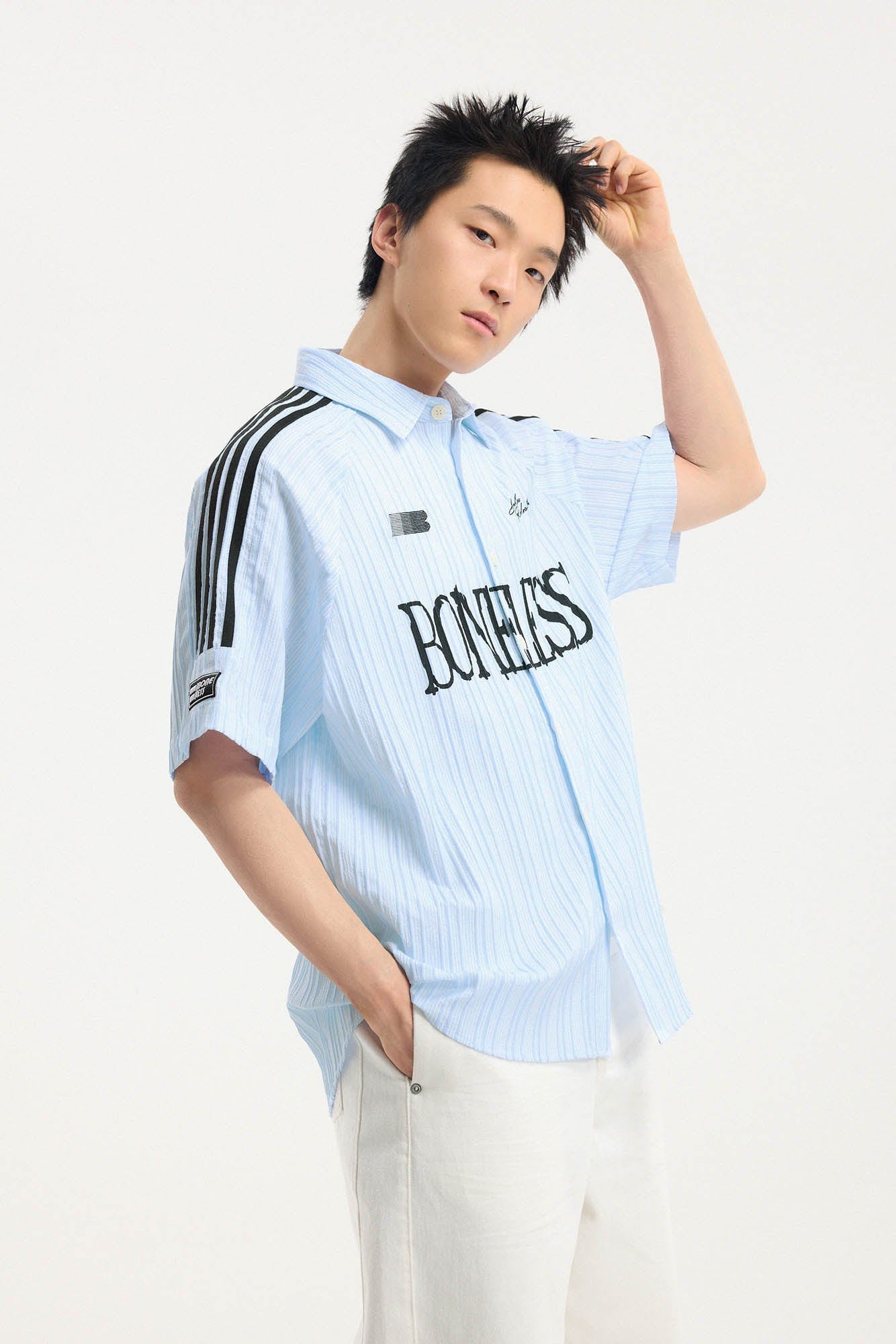 BONELESS Pinstriped Seersucker Raglan Half Shirt, premium urban and streetwear designers apparel on PROJECTISR.com, BONELESS