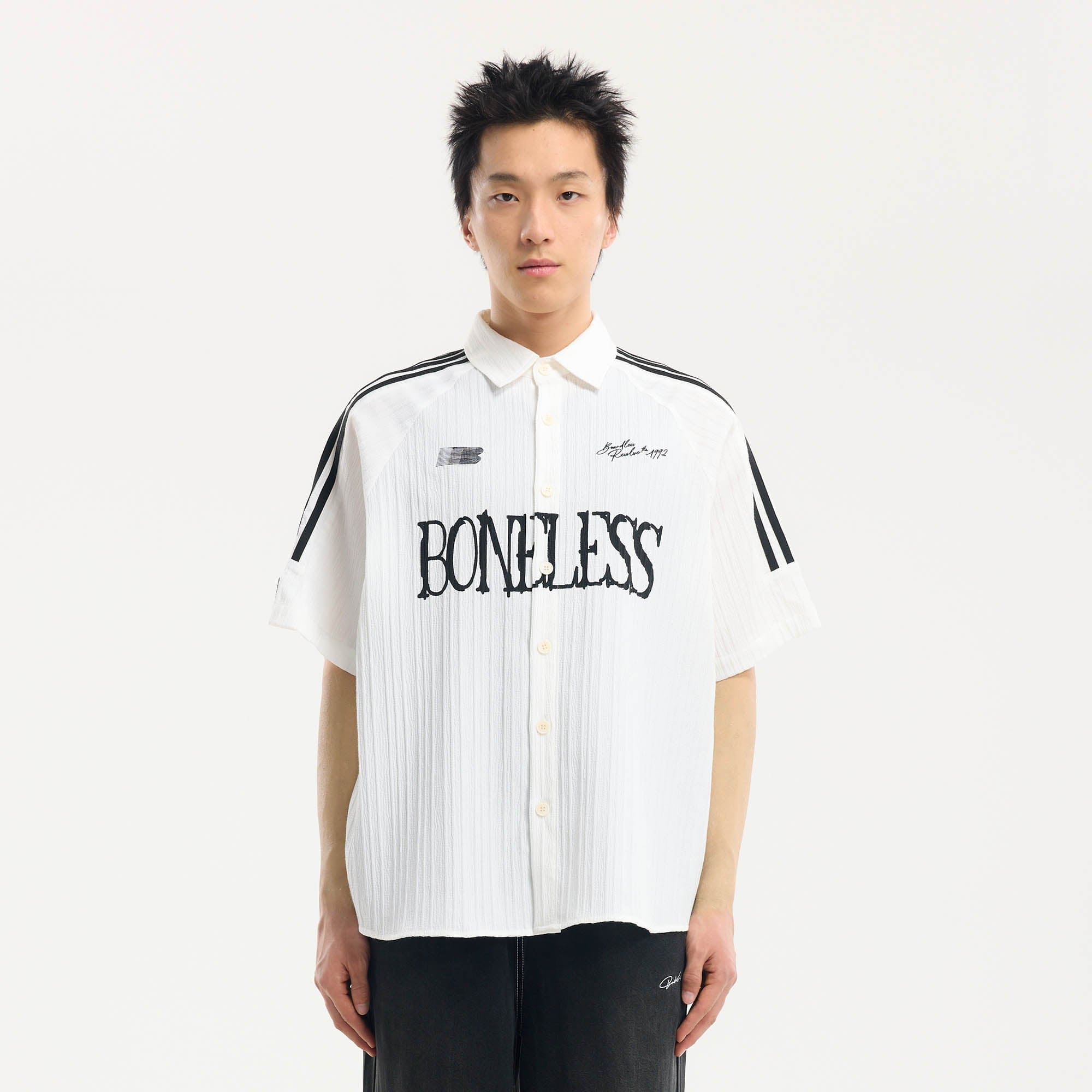 BONELESS Pinstriped Seersucker Raglan Half Shirt, premium urban and streetwear designers apparel on PROJECTISR.com, BONELESS