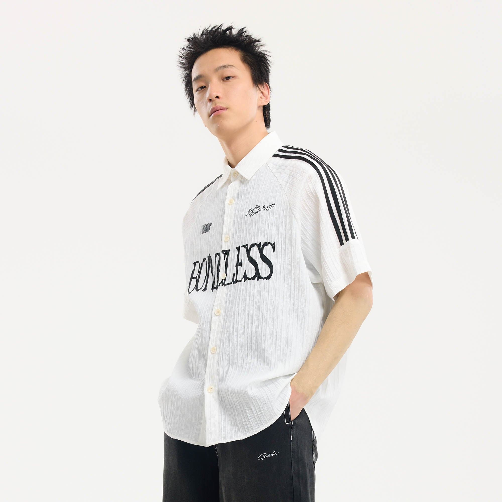 BONELESS Pinstriped Seersucker Raglan Half Shirt, premium urban and streetwear designers apparel on PROJECTISR.com, BONELESS