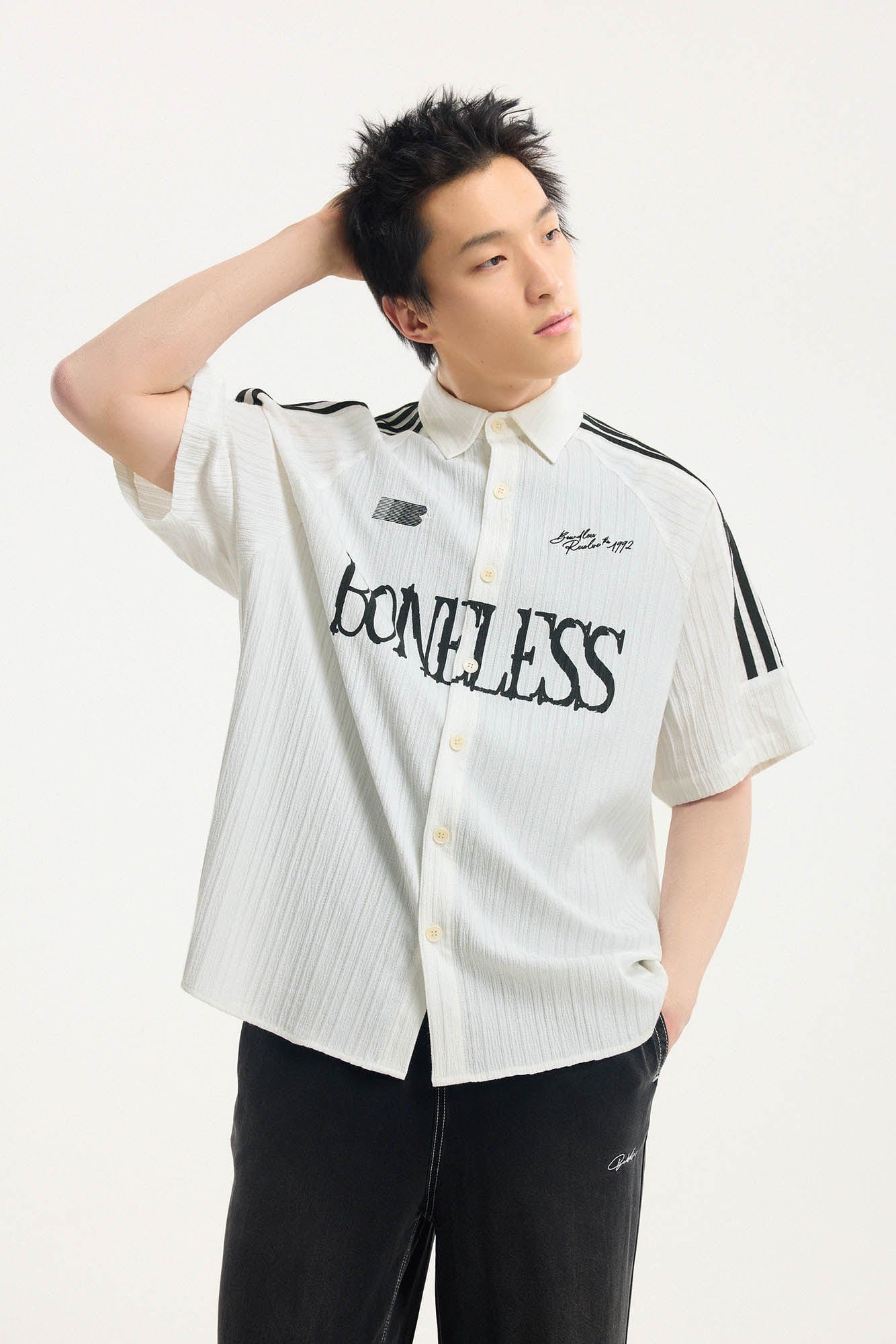 BONELESS Pinstriped Seersucker Raglan Half Shirt, premium urban and streetwear designers apparel on PROJECTISR.com, BONELESS