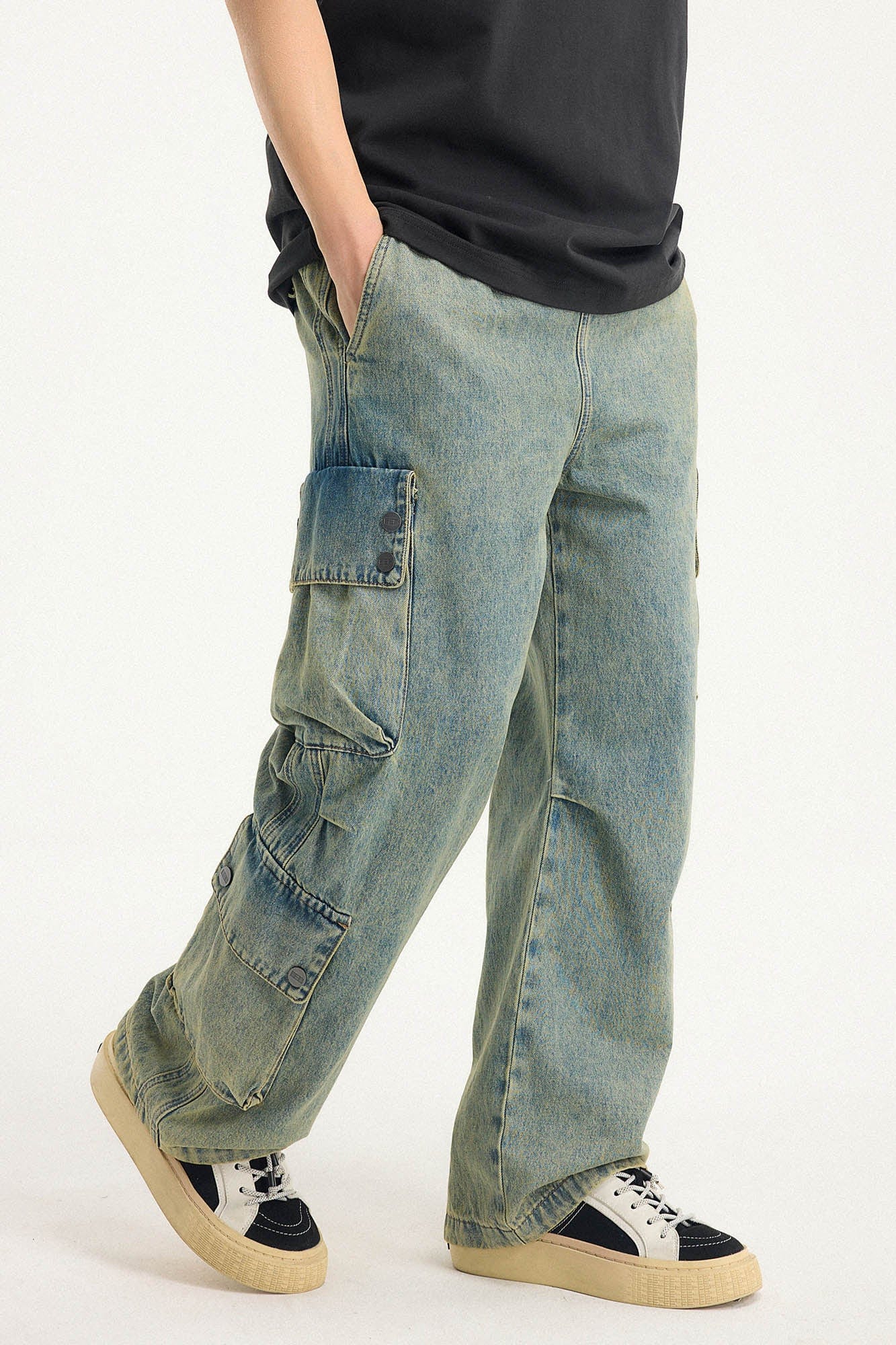 BONELESS Distressed Multi-Pocket Drawstring Cargo Jeans, premium urban and streetwear designers apparel on PROJECTISR.com, BONELESS