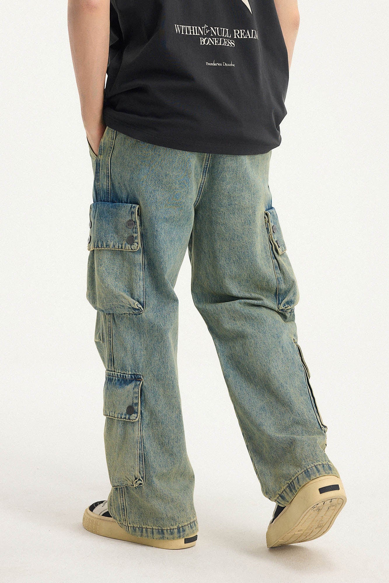 BONELESS Distressed Multi-Pocket Drawstring Cargo Jeans, premium urban and streetwear designers apparel on PROJECTISR.com, BONELESS