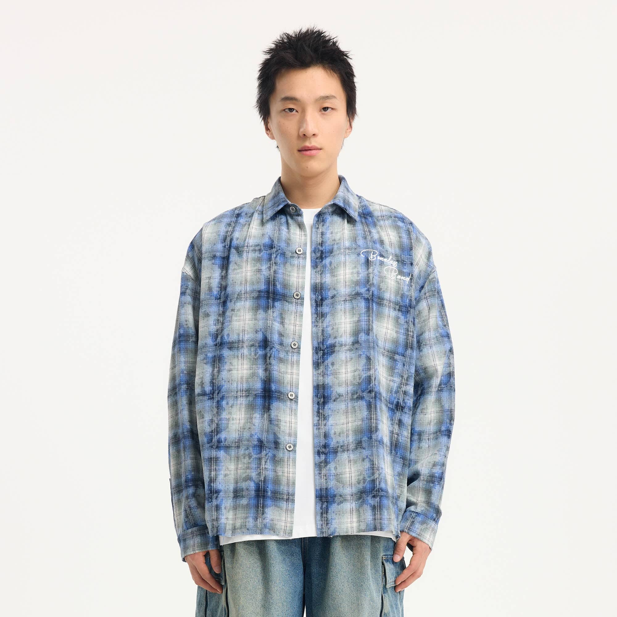 BONELESS Grunge Faded Check Band Patch Shirt, premium urban and streetwear designers apparel on PROJECTISR.com, BONELESS