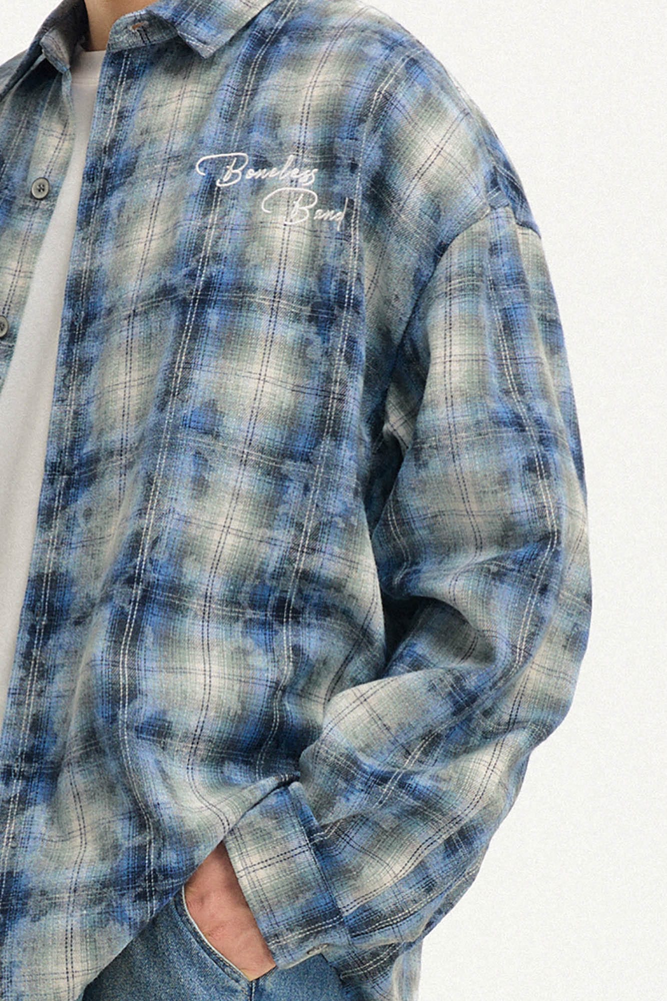 BONELESS Grunge Faded Check Band Patch Shirt, premium urban and streetwear designers apparel on PROJECTISR.com, BONELESS