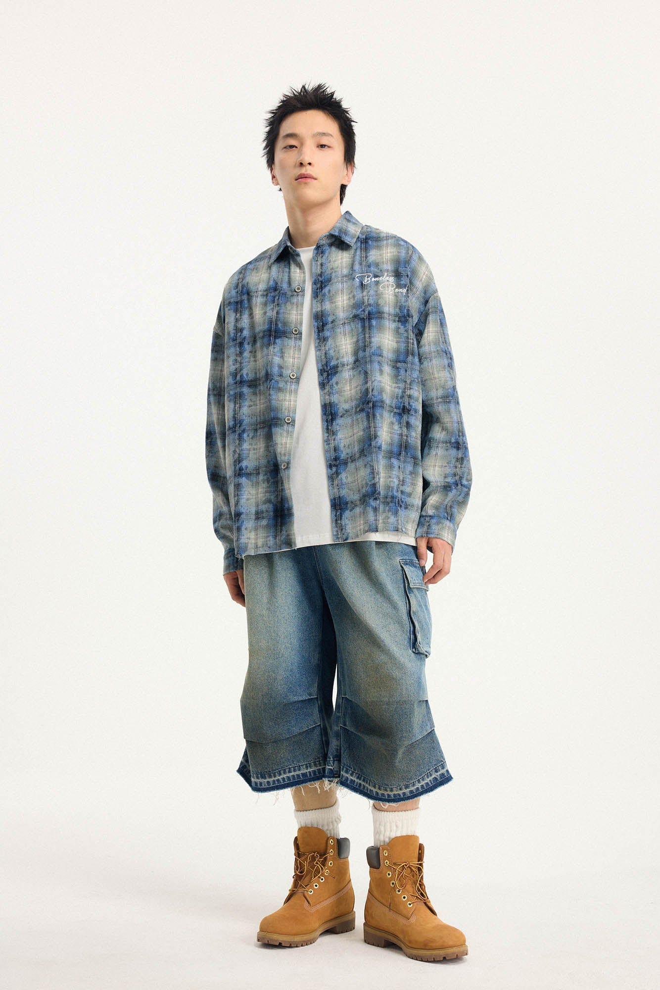 BONELESS Grunge Faded Check Band Patch Shirt, premium urban and streetwear designers apparel on PROJECTISR.com, BONELESS