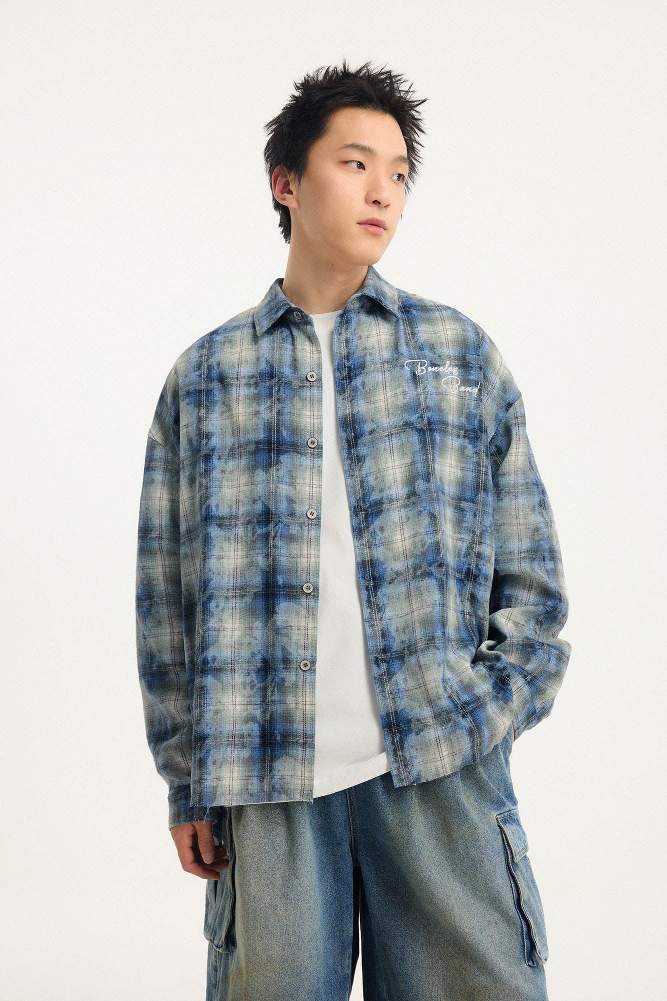 BONELESS Grunge Faded Check Band Patch Shirt, premium urban and streetwear designers apparel on PROJECTISR.com, BONELESS