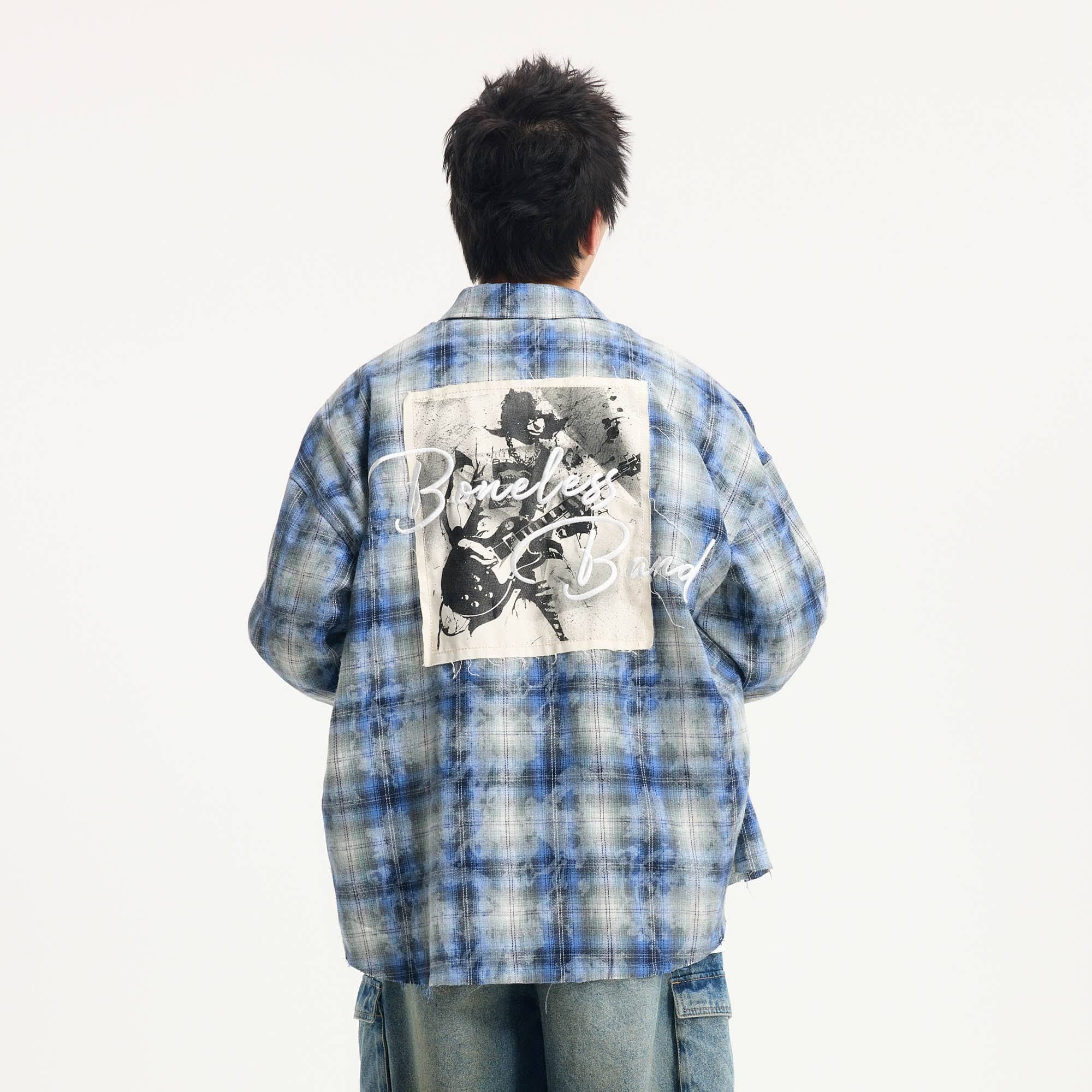 BONELESS Grunge Faded Check Band Patch Shirt, premium urban and streetwear designers apparel on PROJECTISR.com, BONELESS
