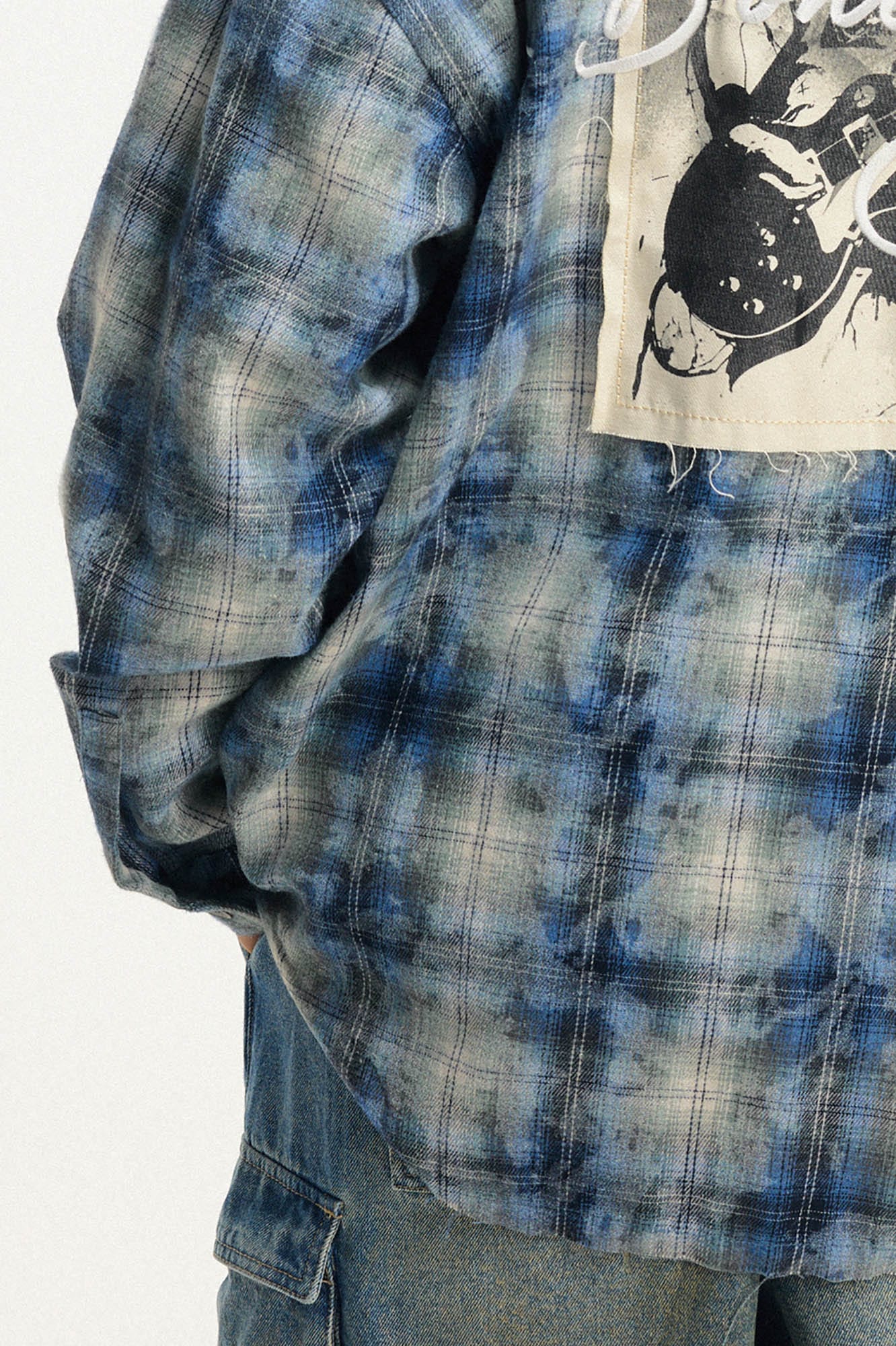 BONELESS Grunge Faded Check Band Patch Shirt, premium urban and streetwear designers apparel on PROJECTISR.com, BONELESS