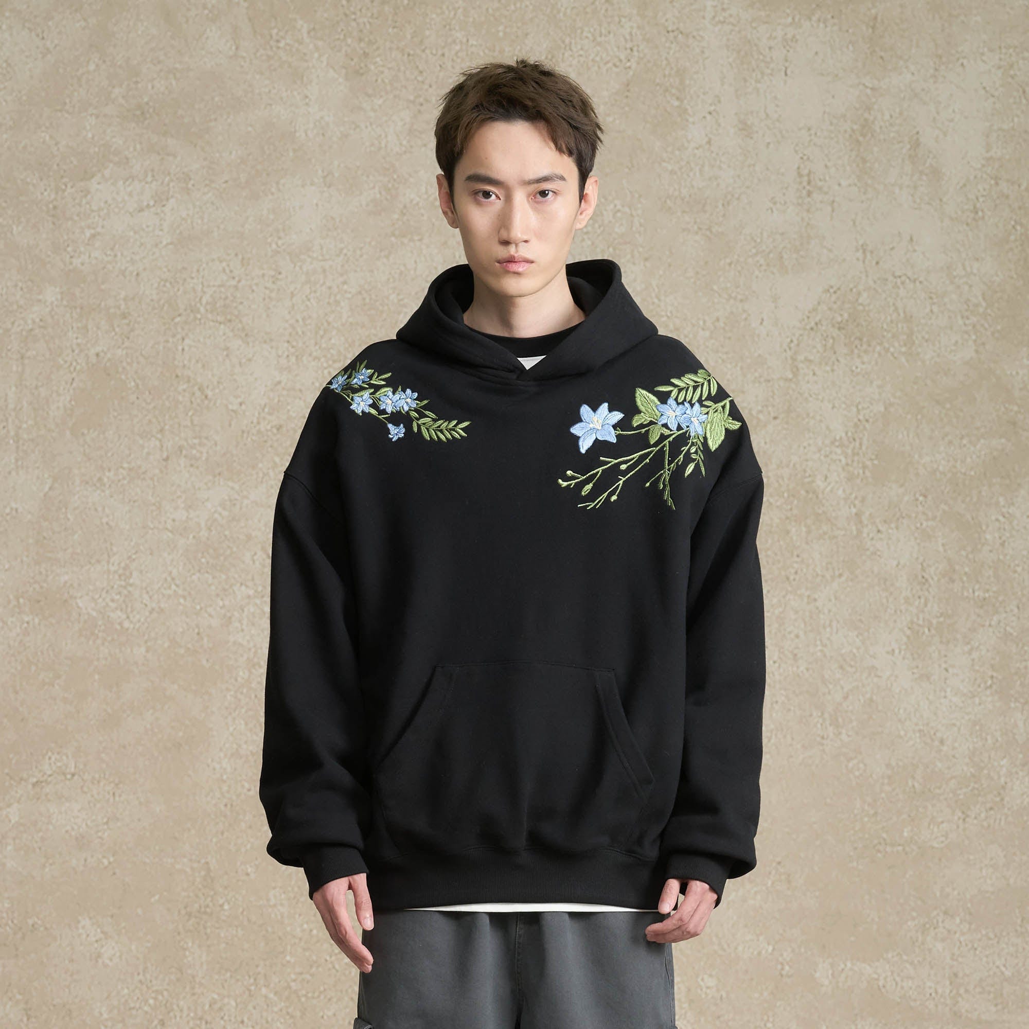 BONELESS Floral Embroidered Fleece-Lined Hoodie