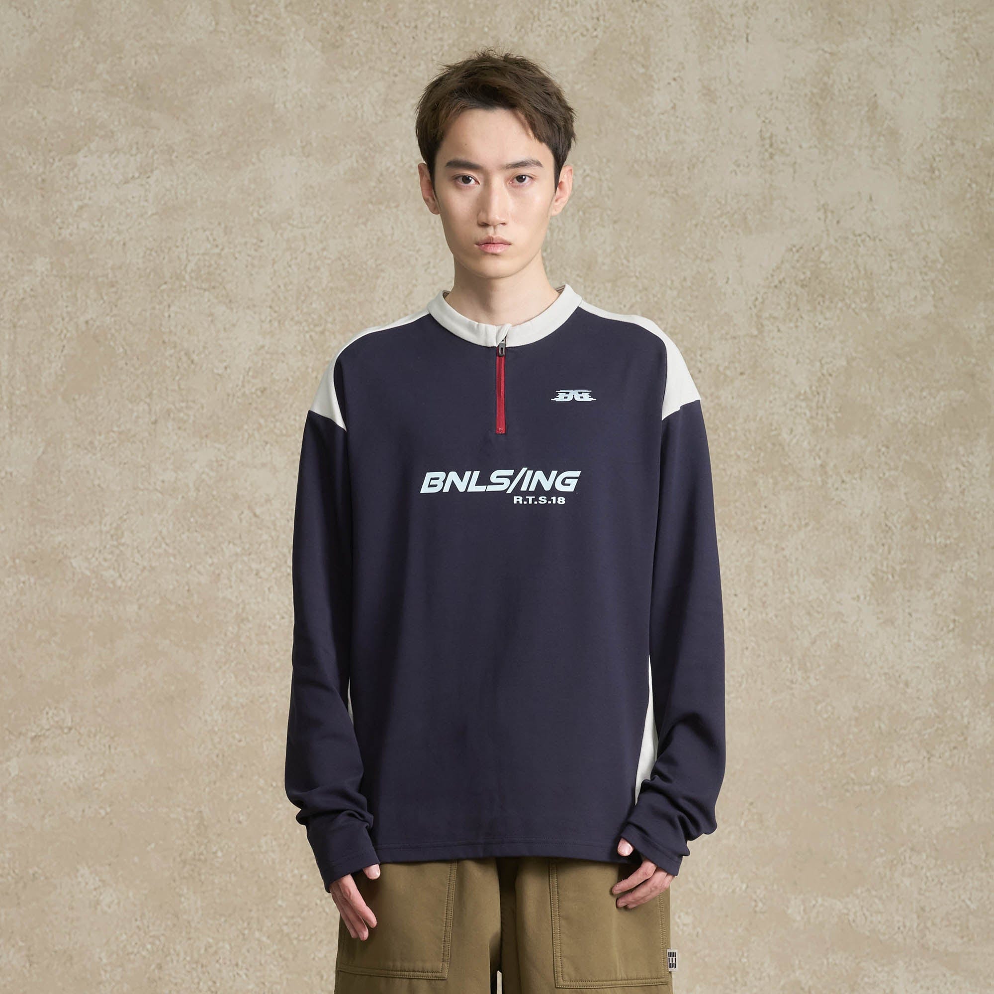 BONELESS Contrast Half-Zip Racing Long-Sleeve Tee, premium urban and streetwear designers apparel on PROJECTISR.com, BONELESS