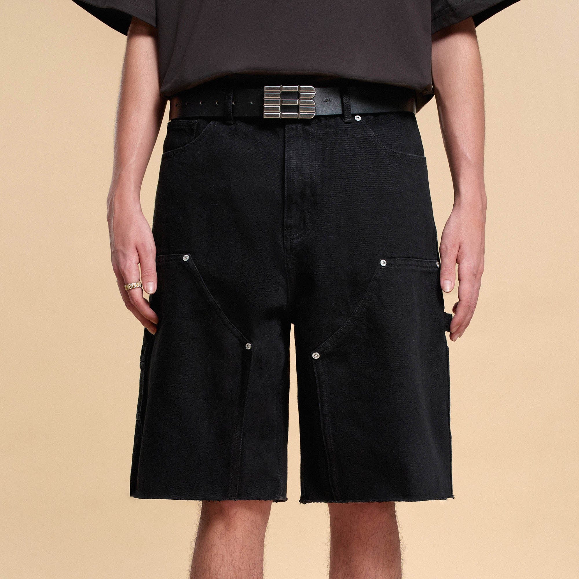 BONELESS Frayed Double-Knee Cargo Shorts Black, premium urban and streetwear designers apparel on PROJECTISR.com, BONELESS