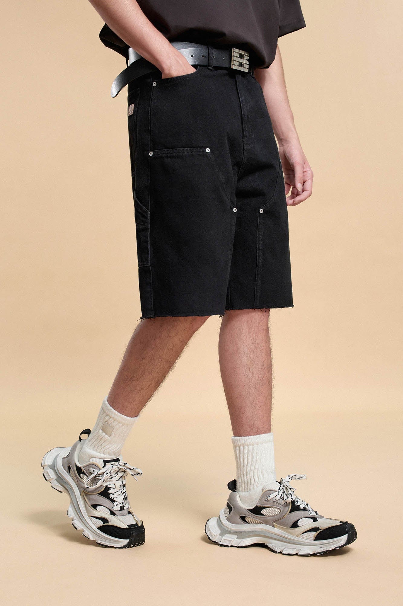 BONELESS Frayed Double-Knee Cargo Shorts Black, premium urban and streetwear designers apparel on PROJECTISR.com, BONELESS