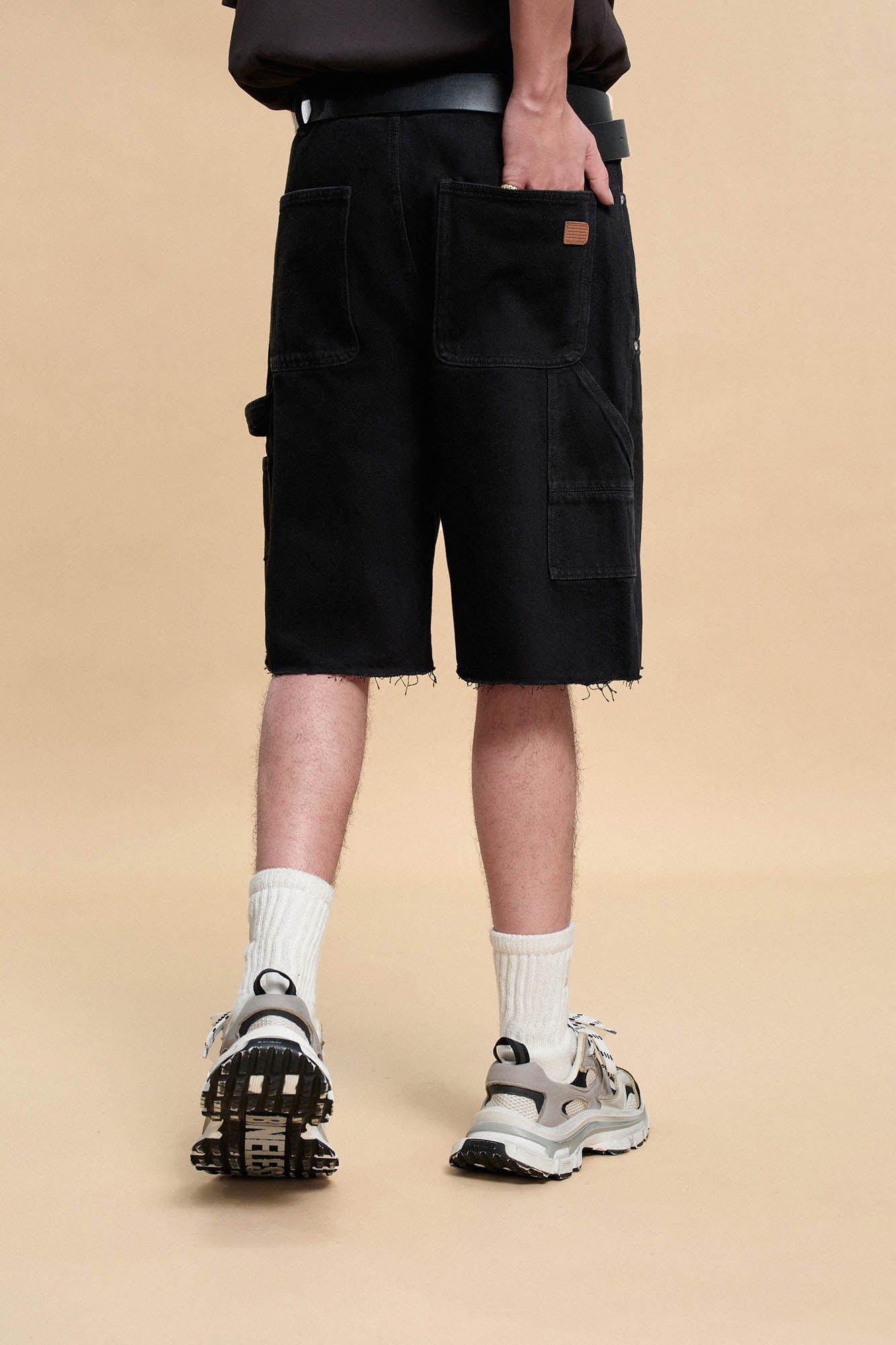 BONELESS Frayed Double-Knee Cargo Shorts Black, premium urban and streetwear designers apparel on PROJECTISR.com, BONELESS