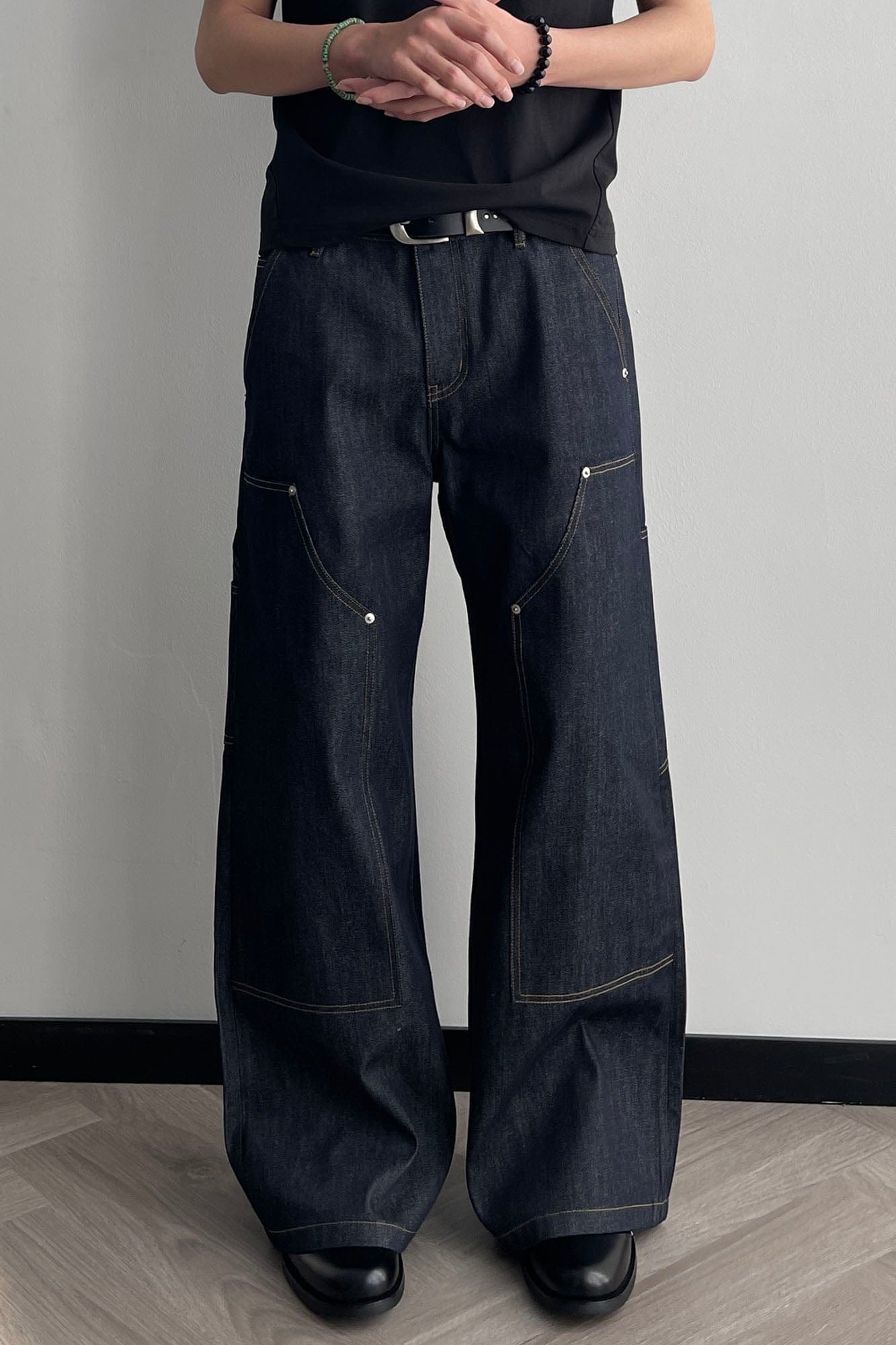 OKAYTHXBYE Paneled Double-Knee Wide-Leg Denim Pants, premium urban and streetwear designers apparel on PROJECTISR.com, OKAYTHXBYE