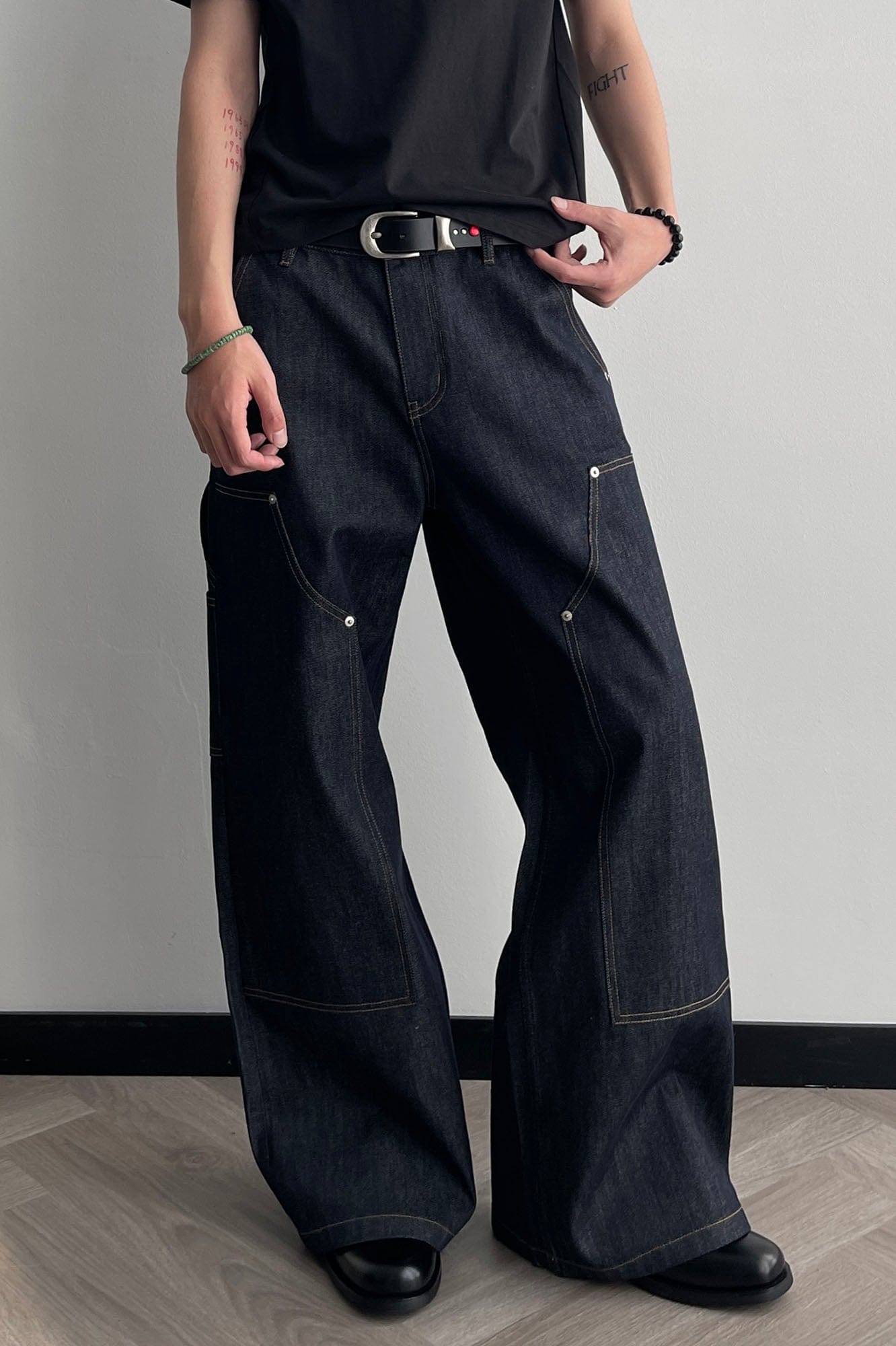OKAYTHXBYE Paneled Double-Knee Wide-Leg Denim Pants, premium urban and streetwear designers apparel on PROJECTISR.com, OKAYTHXBYE