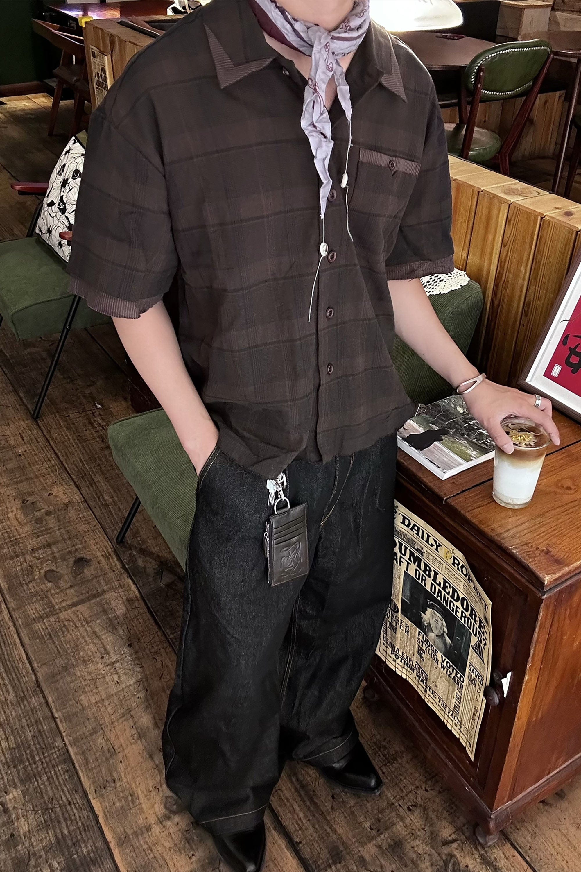 ESAIAS Plaid Layered Raw-Edge Half Shirt Brown, premium urban and streetwear designers apparel on PROJECTISR.com, ESAIAS