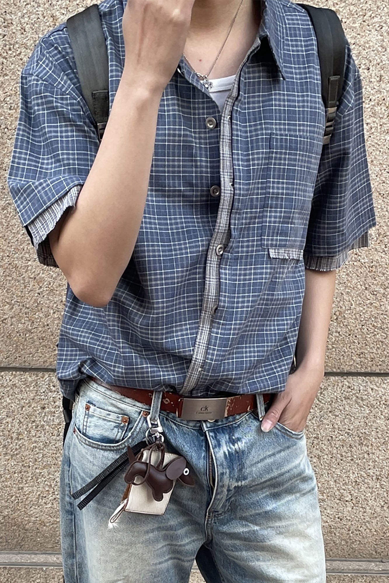 ESAIAS Plaid Layered Raw-Edge Half Shirt Blue, premium urban and streetwear designers apparel on PROJECTISR.com, ESAIAS