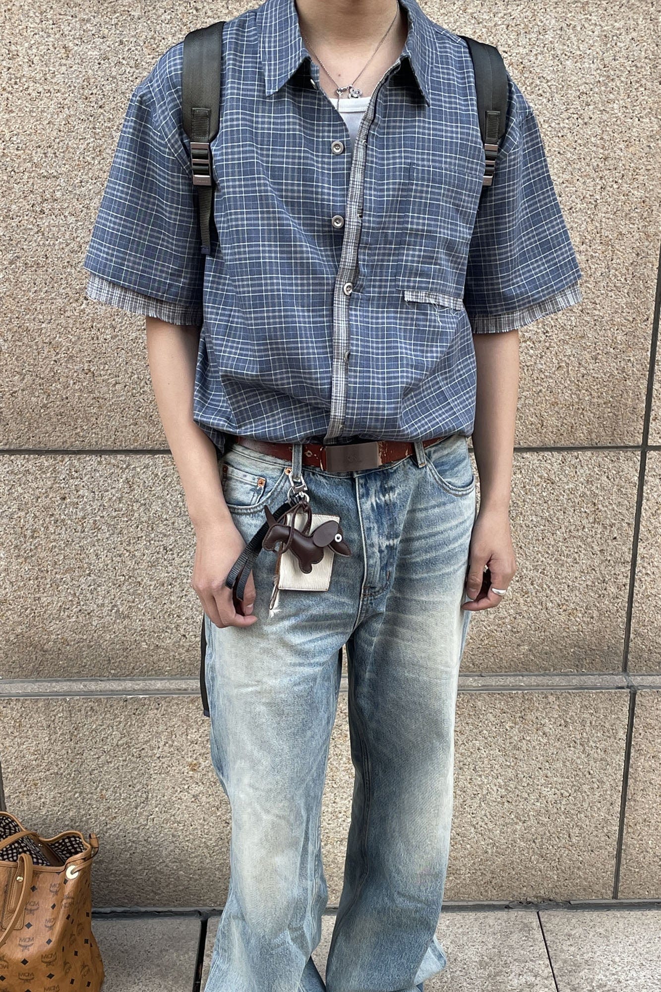 ESAIAS Plaid Layered Raw-Edge Half Shirt Blue, premium urban and streetwear designers apparel on PROJECTISR.com, ESAIAS