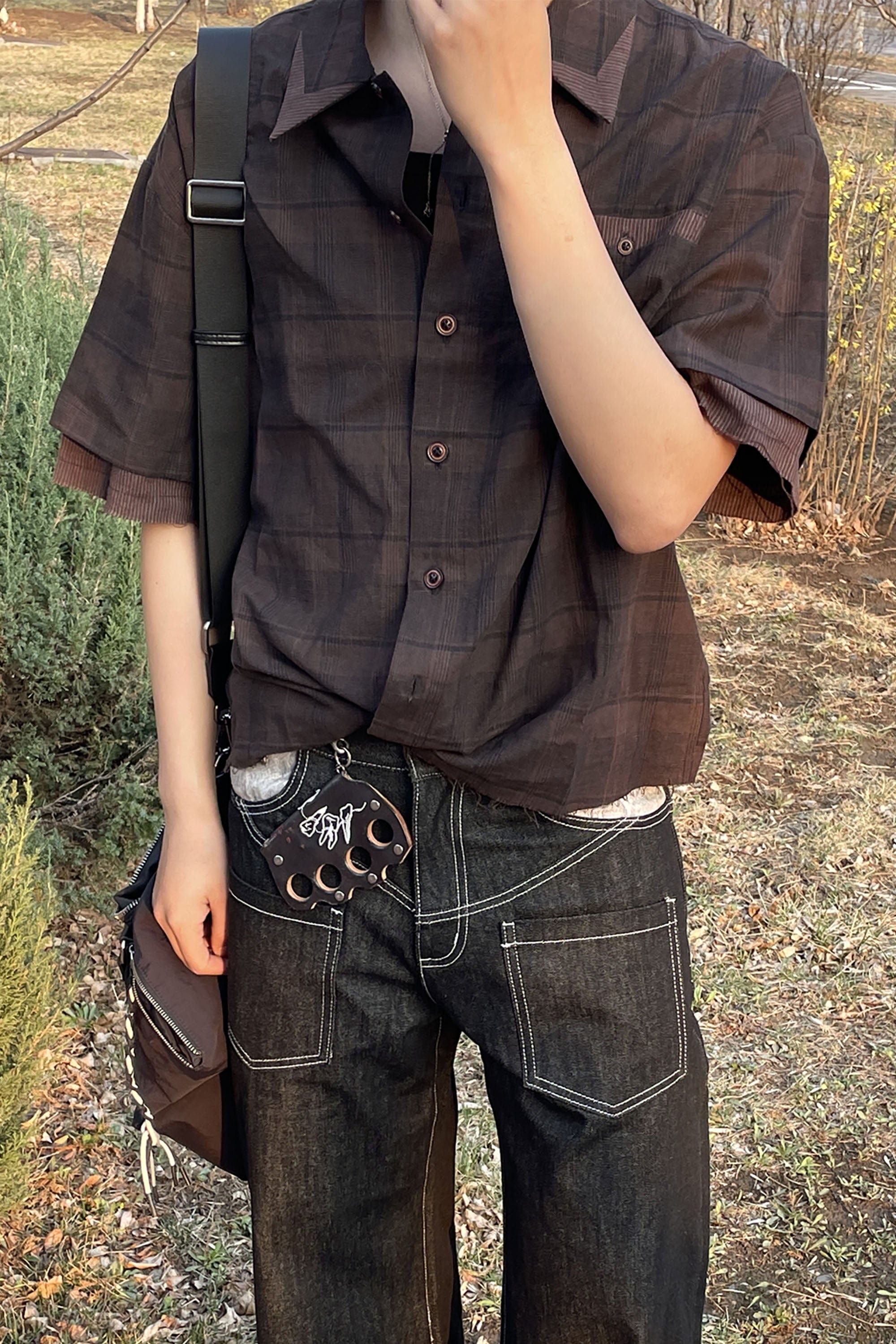 ESAIAS Plaid Layered Raw-Edge Half Shirt Brown, premium urban and streetwear designers apparel on PROJECTISR.com, ESAIAS