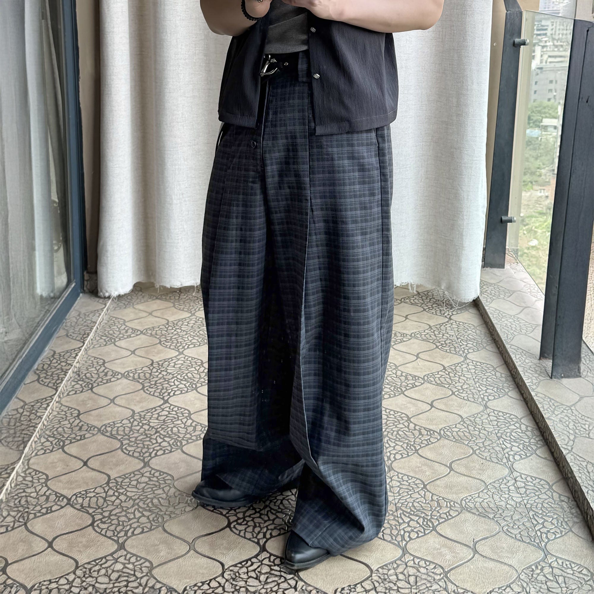 ESAIAS Retro Plaid Pleated Wide-Leg Pants, premium urban and streetwear designers apparel on PROJECTISR.com, ESAIAS
