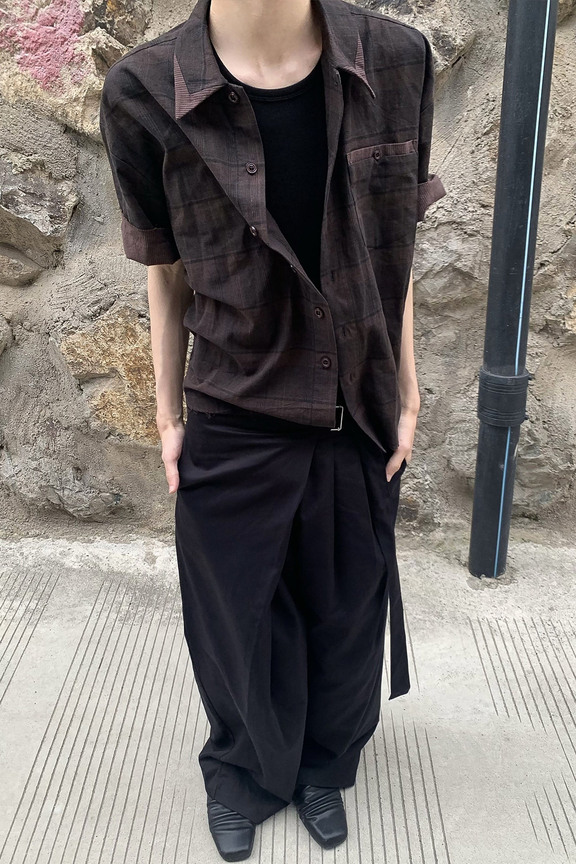 ESAIAS Plaid Layered Raw-Edge Half Shirt Brown, premium urban and streetwear designers apparel on PROJECTISR.com, ESAIAS