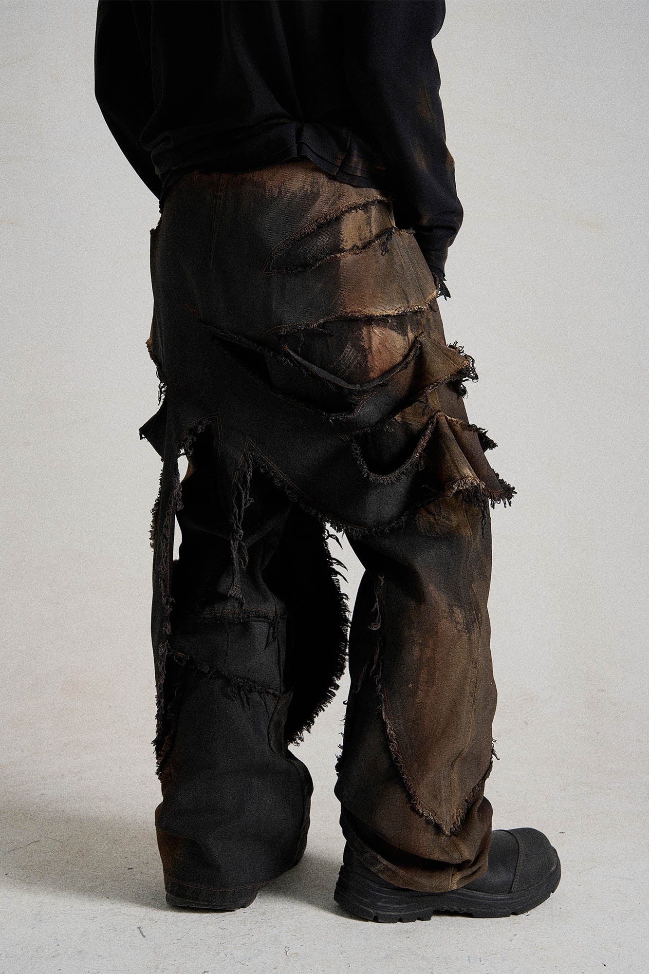 FLYERRER Heavily Distressed Asymmetrical Double-Layer Ripped Jeans, premium urban and streetwear designers apparel on PROJECTISR.com, FLYERRER