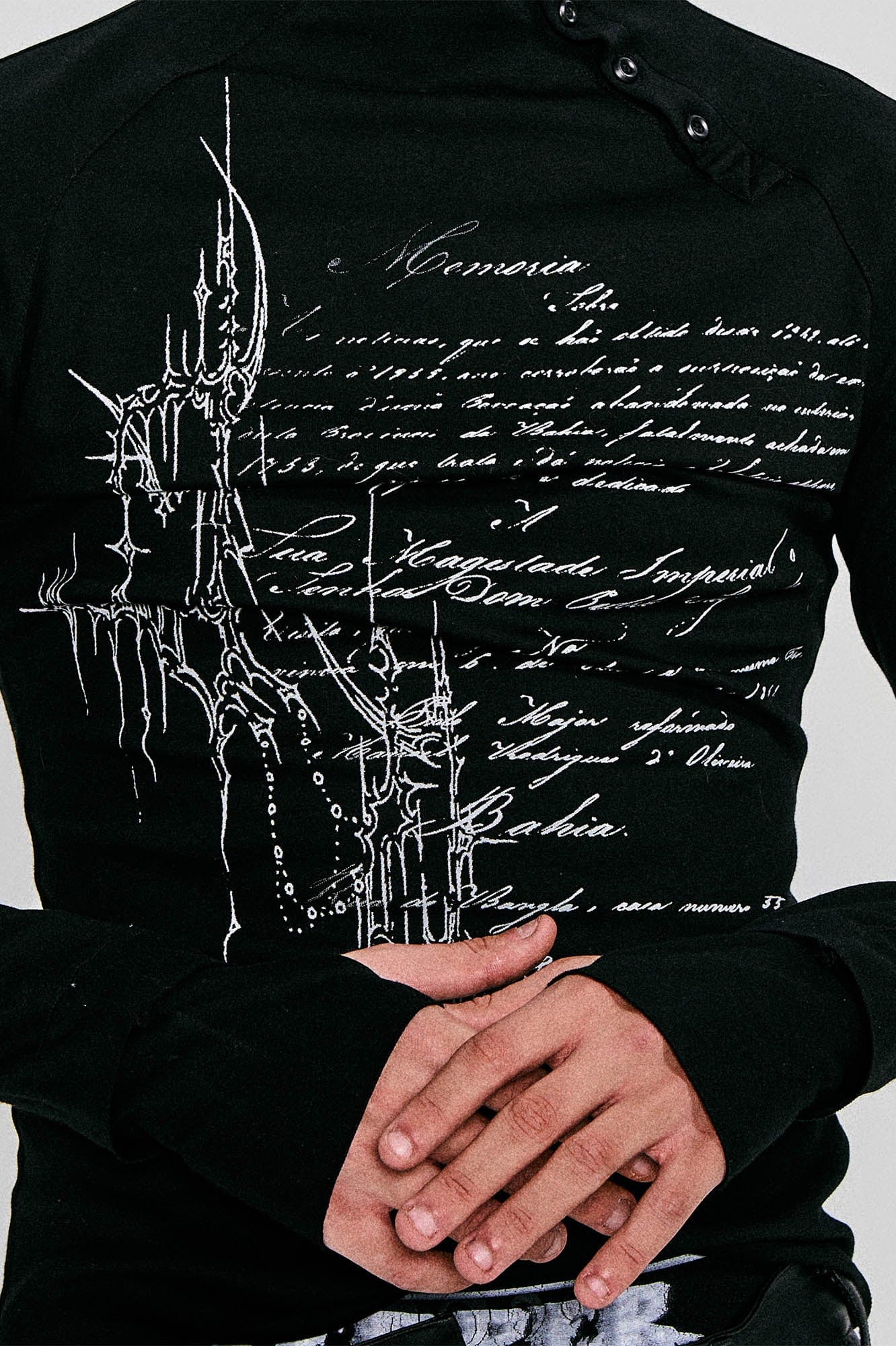 FLYERRER Gothic Script Graphic Asymmetrical Button Long-Sleeve Tee, premium urban and streetwear designers apparel on PROJECTISR.com, FLYERRER