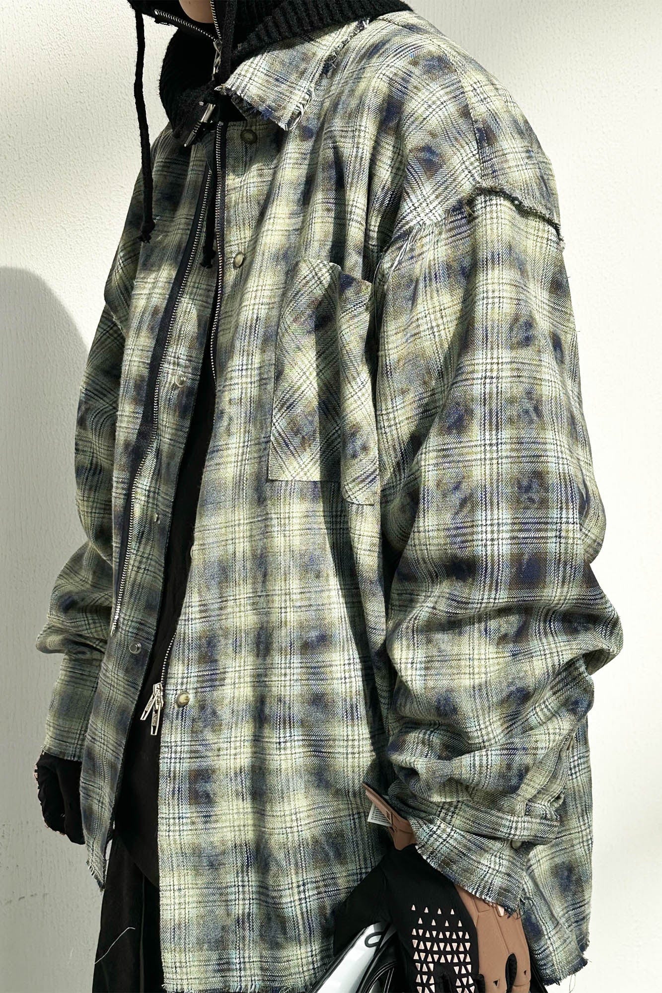 RELABEL Tie-dye Plaid Dual Closure Frayed Shirt, premium urban and streetwear designers apparel on PROJECTISR.com, RELABEL