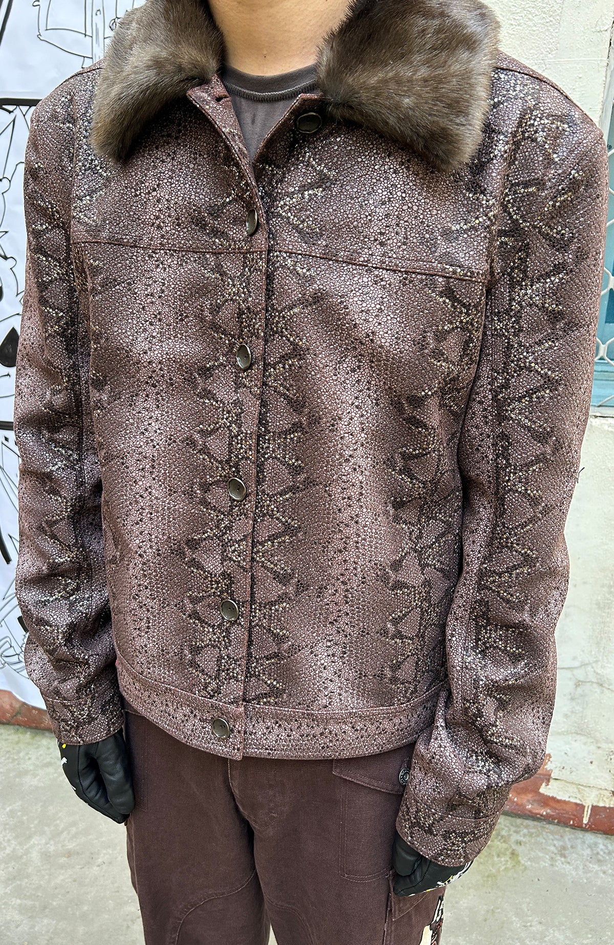 YANLI Fur-Collar Spliced Faux Leather Jacket