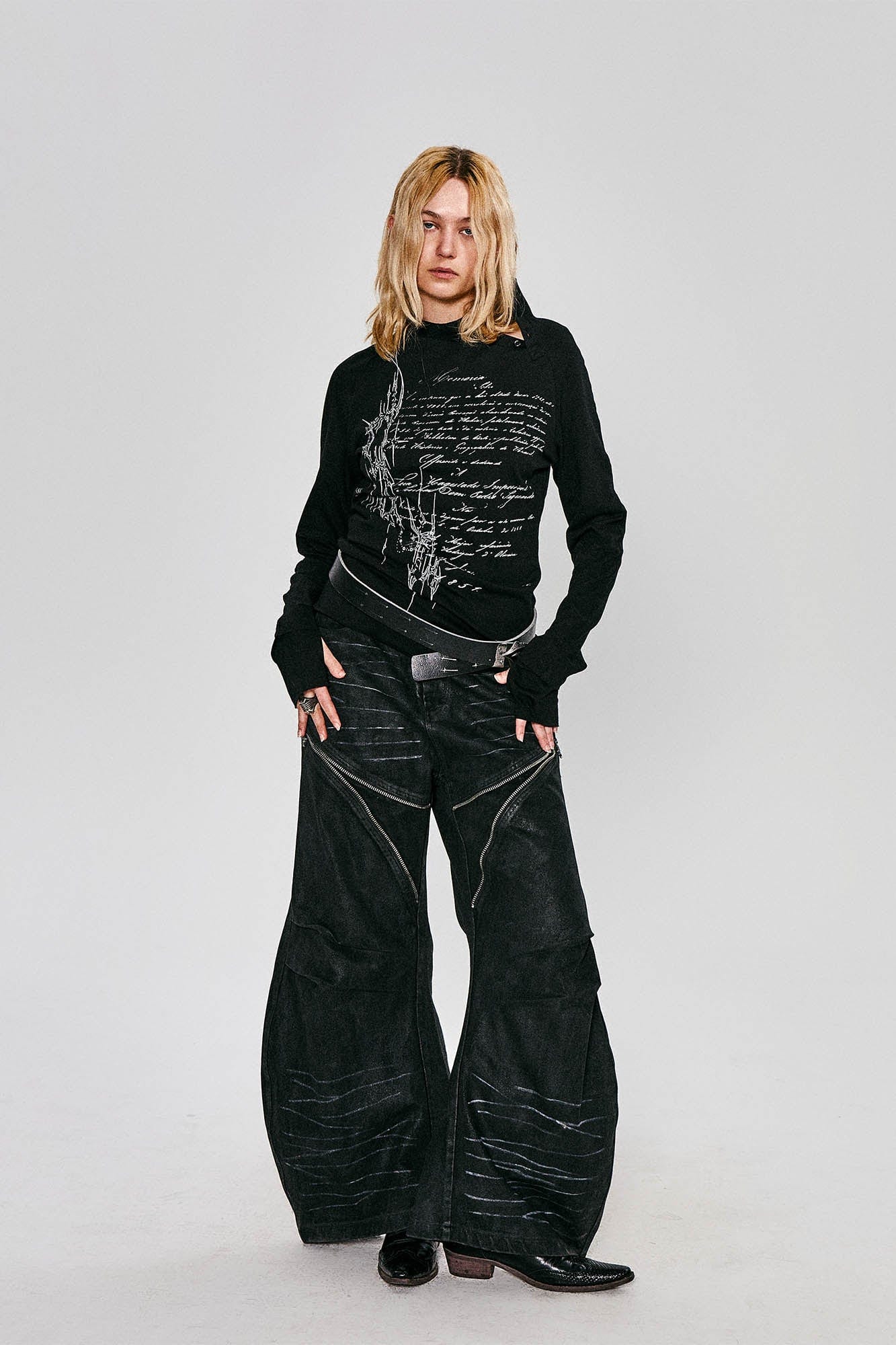 FLYERRER Gothic Script Graphic Asymmetrical Button Long-Sleeve Tee, premium urban and streetwear designers apparel on PROJECTISR.com, FLYERRER