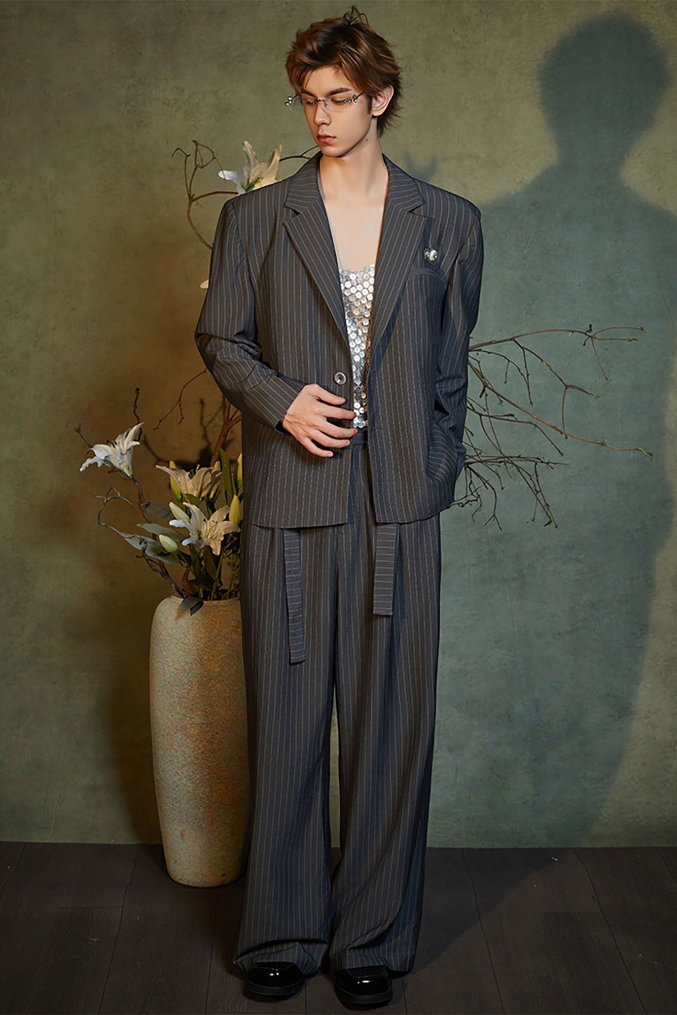 JIECHI Pinstriped Pleats Straight-Leg Trousers, premium urban and streetwear designers apparel on PROJECTISR.com, JIECHI
