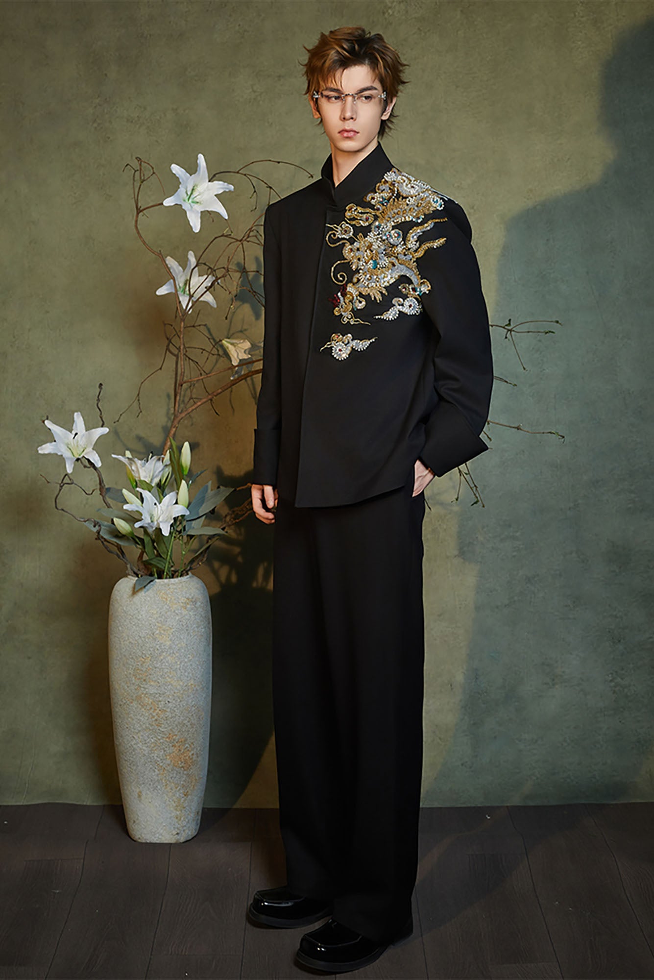 JIECHI Dragon Beaded Mandarin Collar Blazer, premium urban and streetwear designers apparel on PROJECTISR.com, JIECHI
