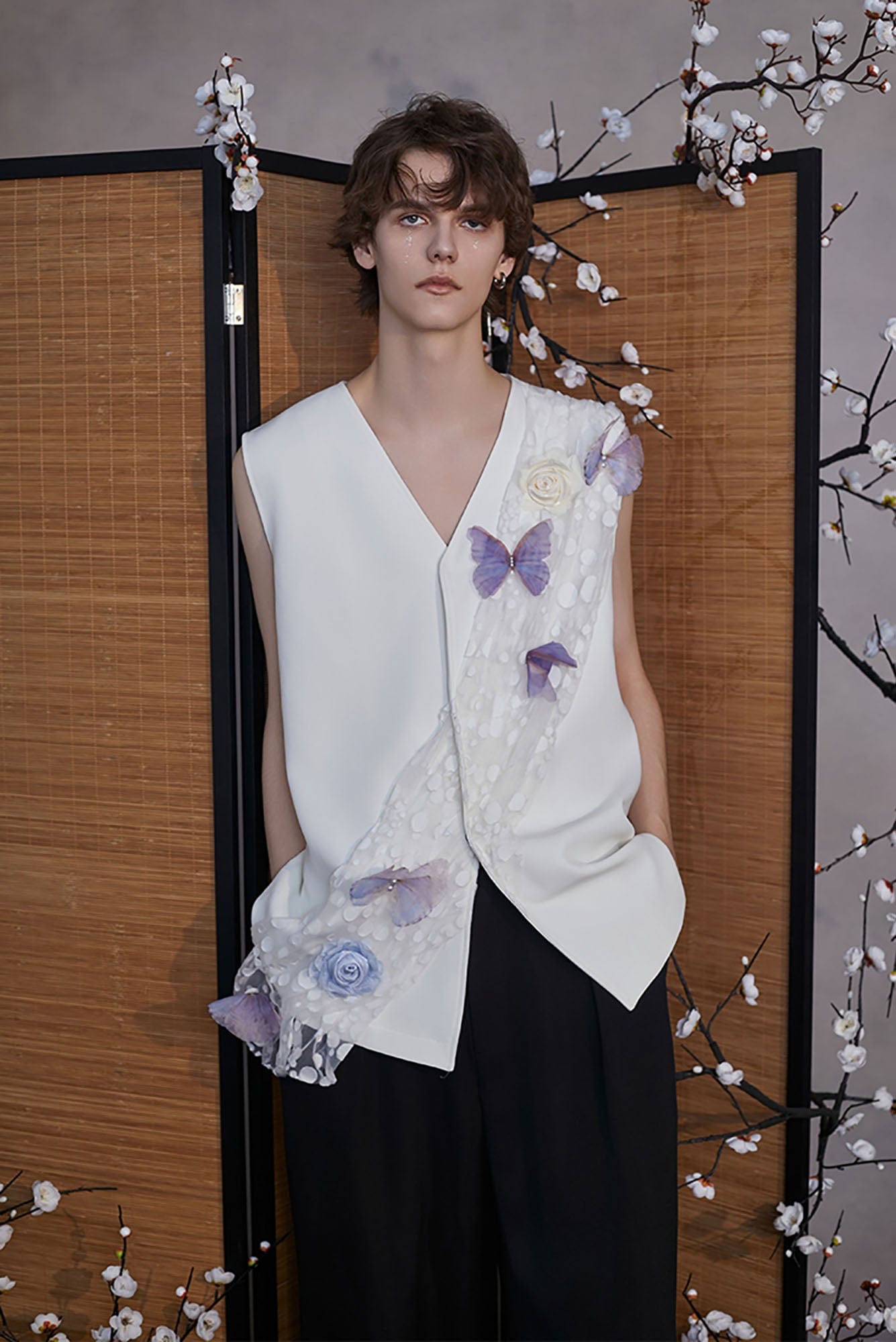 JIECHI Butterfly&Floral Asymmetrical Sheer V-Neck Vest, premium urban and streetwear designers apparel on PROJECTISR.com, JIECHI