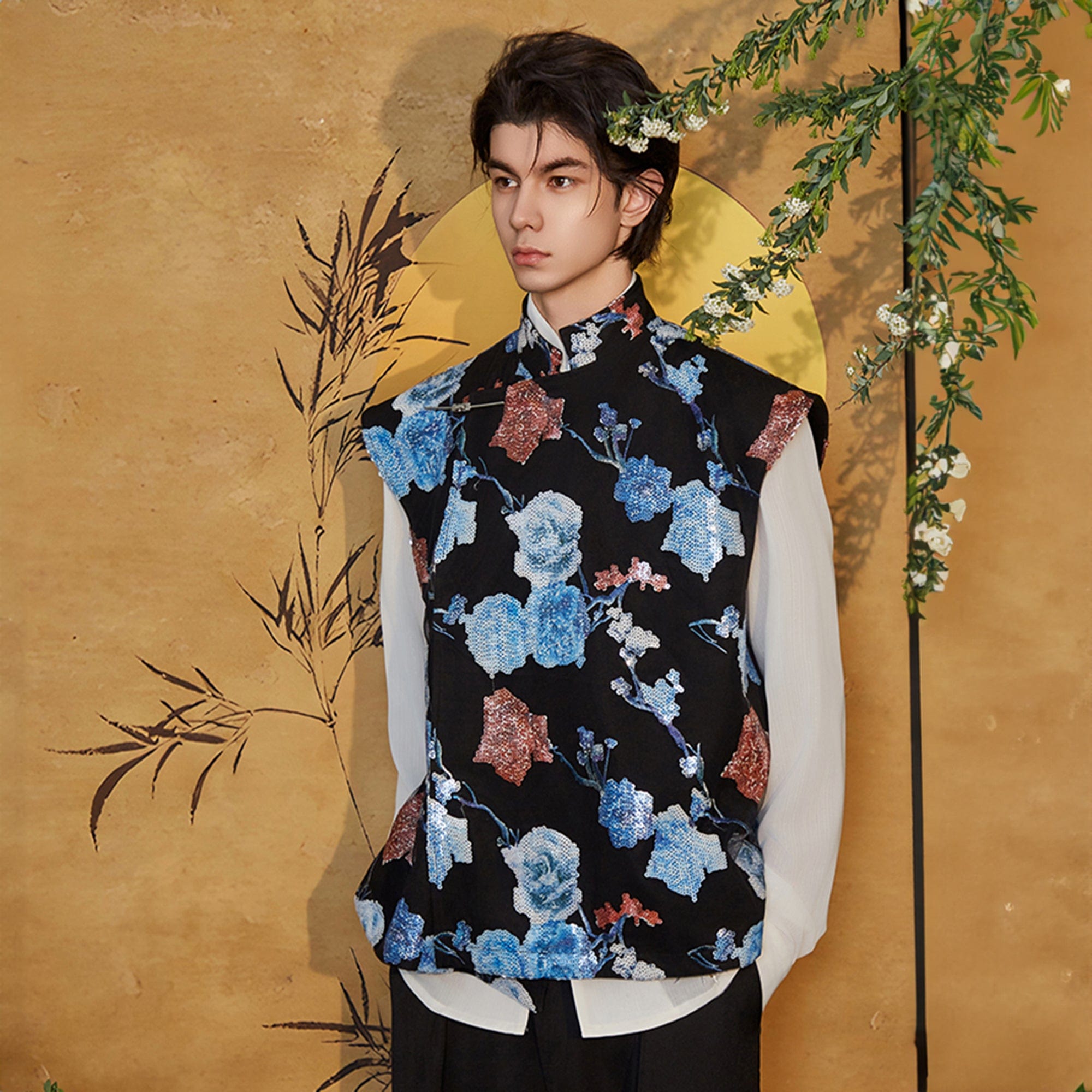 JIECHI Sequin Floral Embroidered Mandarin Collar Vest, premium urban and streetwear designers apparel on PROJECTISR.com, JIECHI