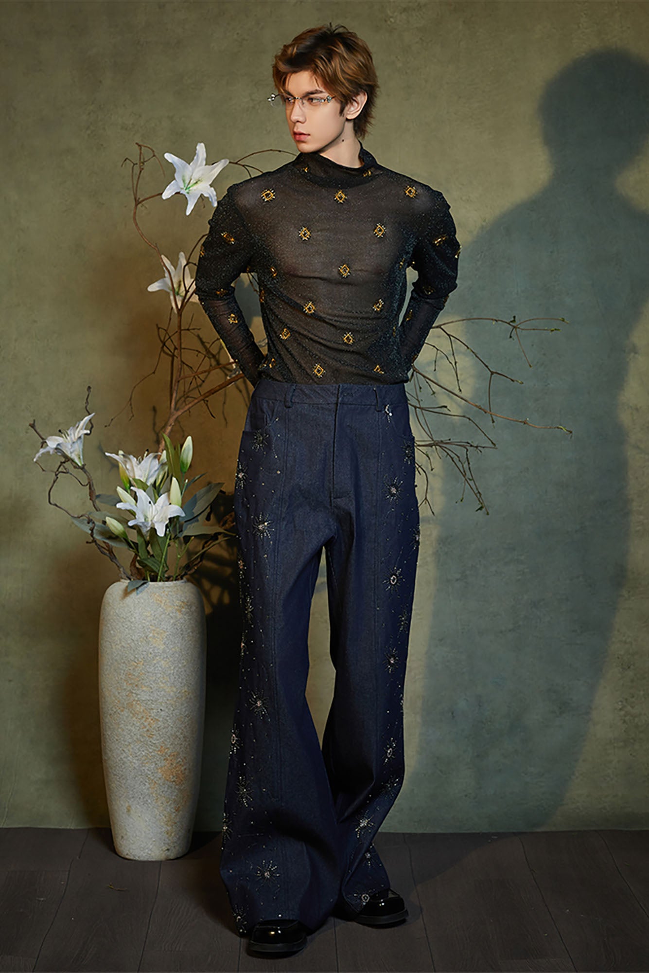 JIECHI Embroidered Middle-Panel Straight-Leg Jeans, premium urban and streetwear designers apparel on PROJECTISR.com, JIECHI