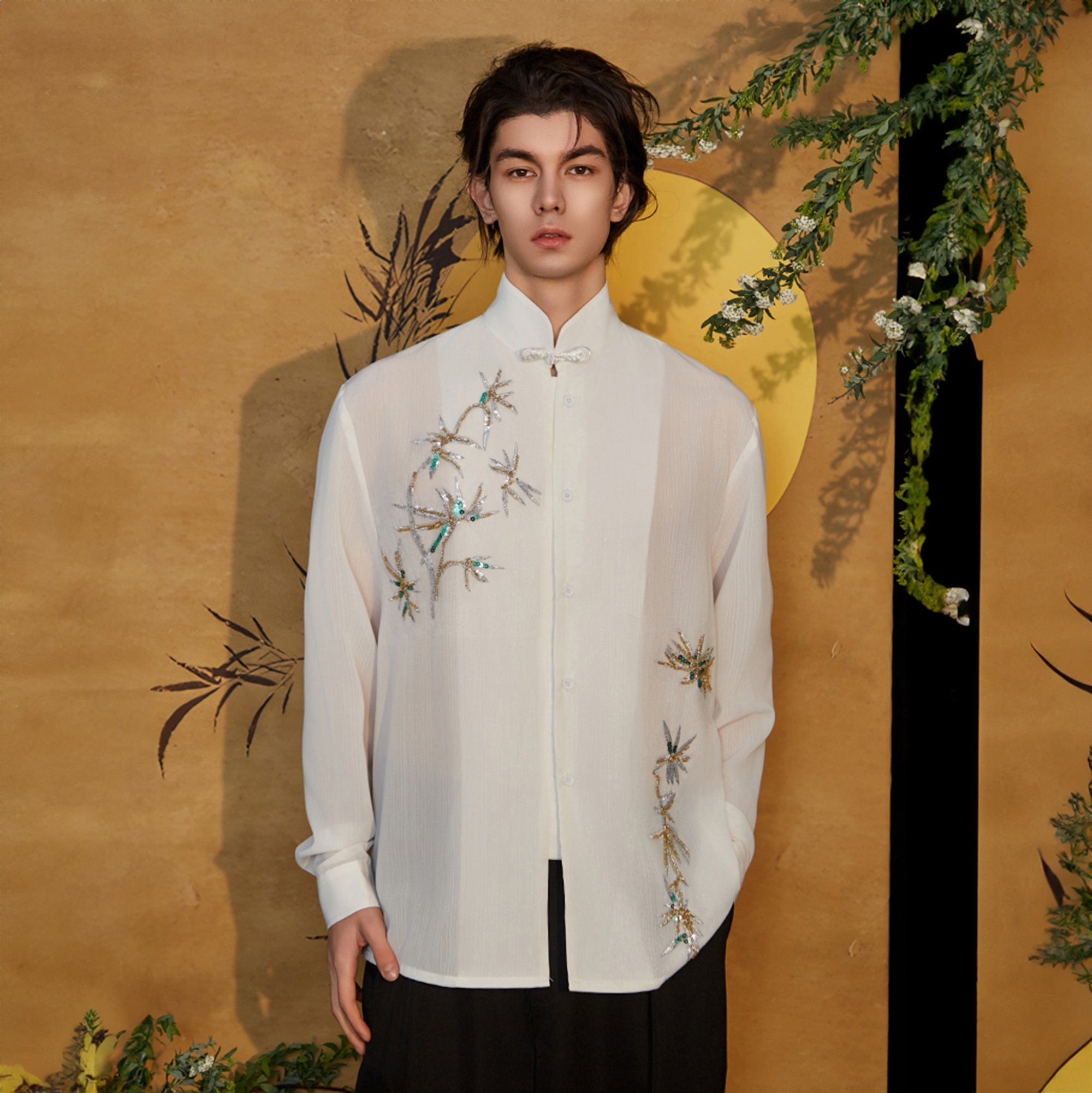 JIECHI Embroidered Bamboo Sheer Flowing Shirt, premium urban and streetwear designers apparel on PROJECTISR.com, JIECHI
