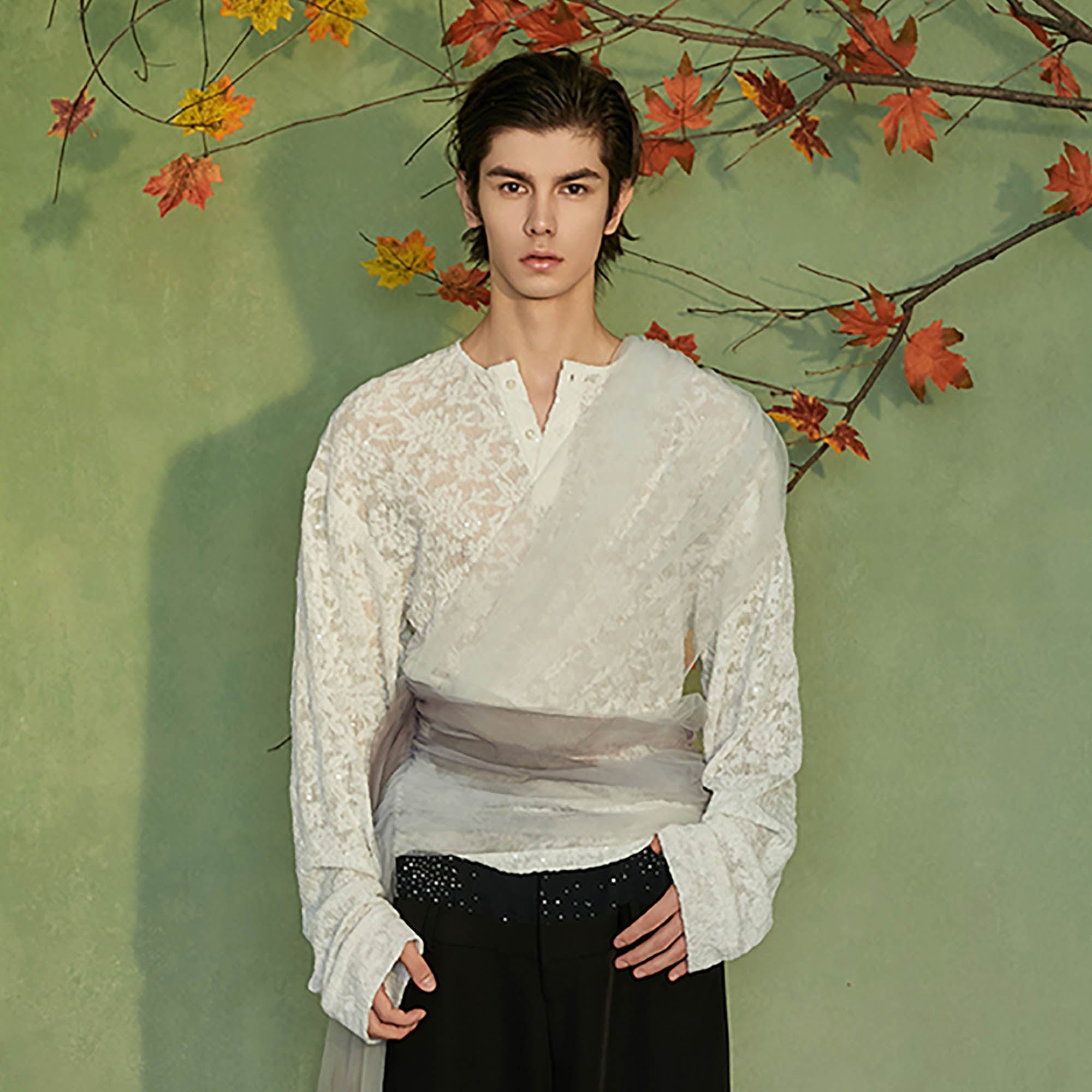 JIECHI Layered Sheer Wrap Lace Henley Shirt, premium urban and streetwear designers apparel on PROJECTISR.com, JIECHI
