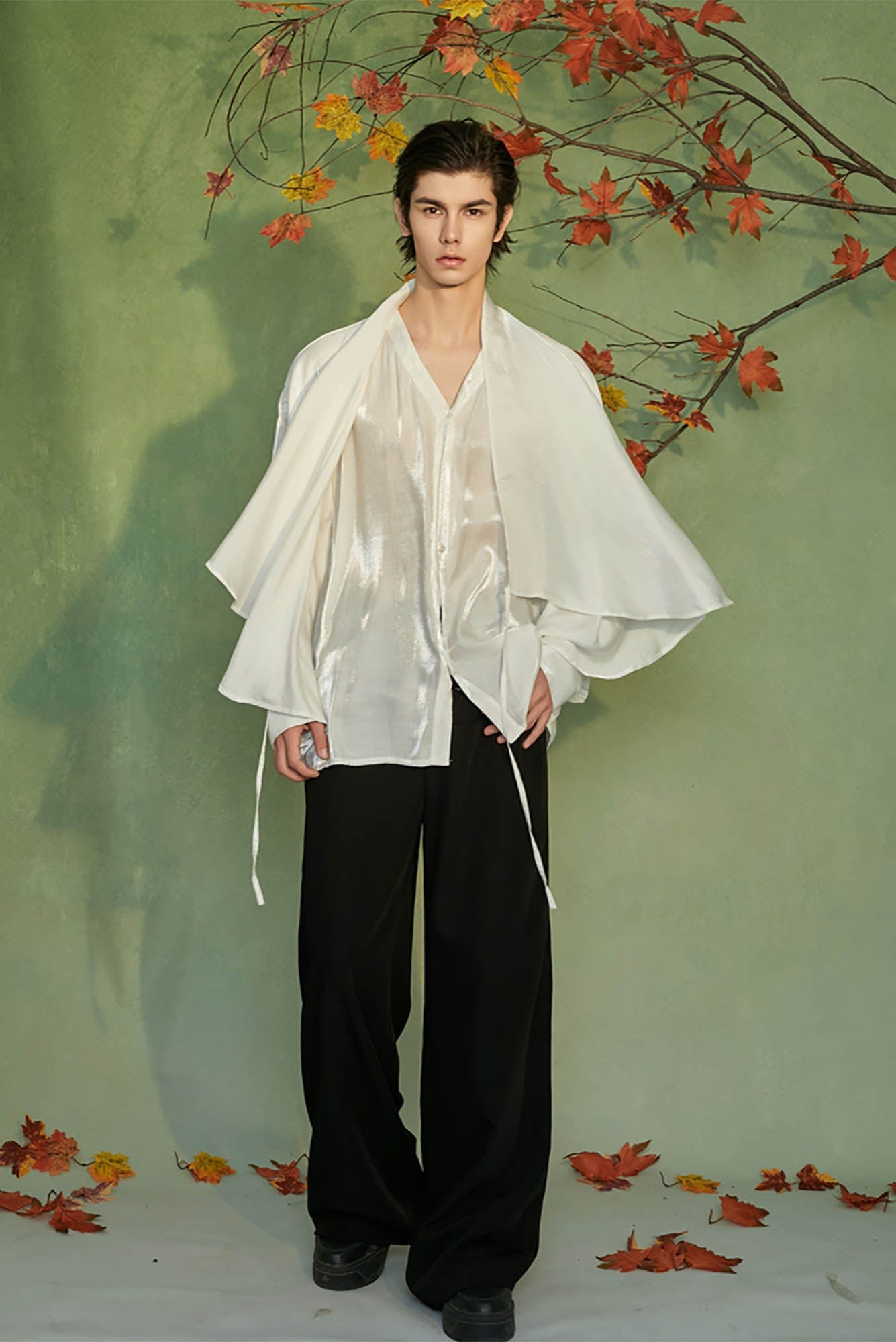 JIECHI Draped Cape Satin Shirt, premium urban and streetwear designers apparel on PROJECTISR.com, JIECHI