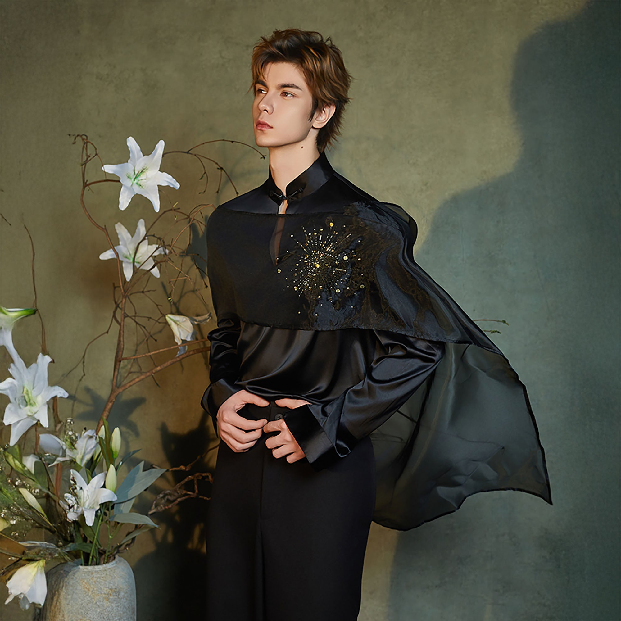 JIECHI Star Embellished Mandarin Collar Shirt, premium urban and streetwear designers apparel on PROJECTISR.com, JIECHI
