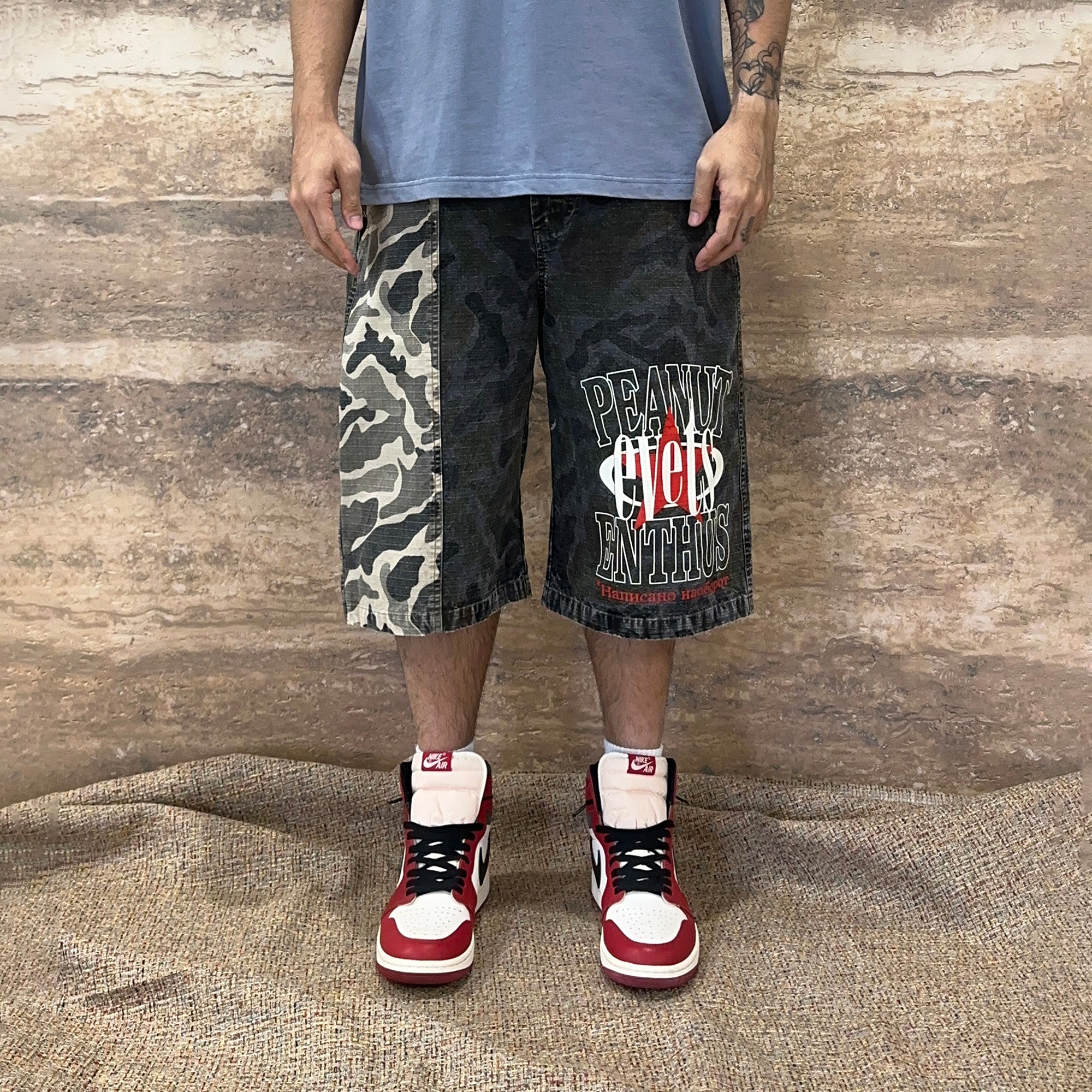 EVETS Washed Camo Panel Graphic Shorts, premium urban and streetwear designers apparel on PROJECTISR.com, EVETS