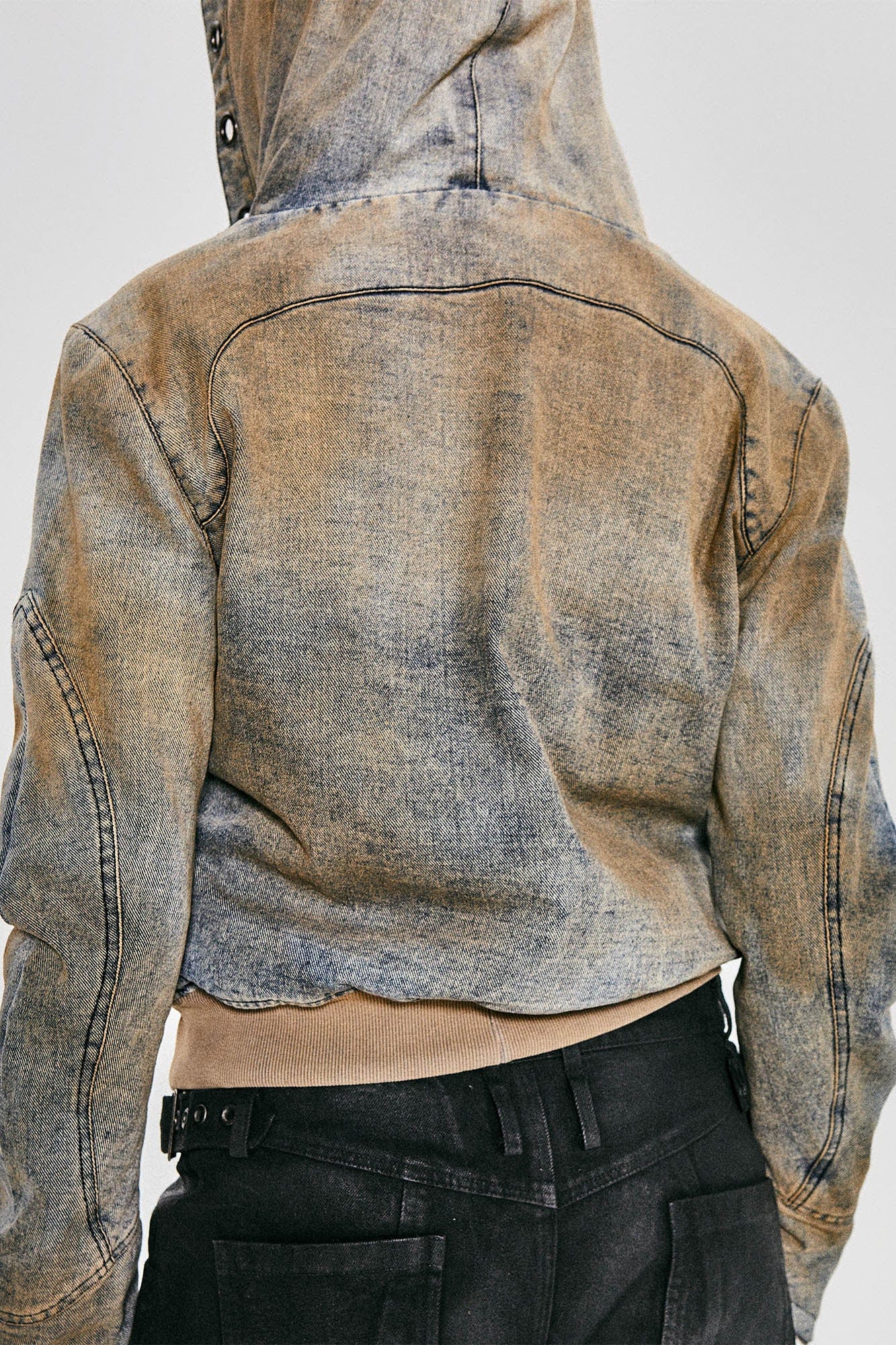 FLYERRER Distressed Spliced Studded Hooded Short Denim Jacket, premium urban and streetwear designers apparel on PROJECTISR.com, FLYERRER