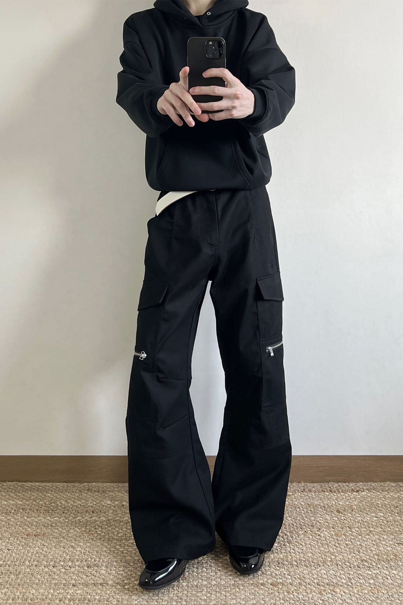 OKAYTHXBYE Muted Marble Multi-Pocket Panel Flared Cargo Pants, premium urban and streetwear designers apparel on PROJECTISR.com, OKAYTHXBYE