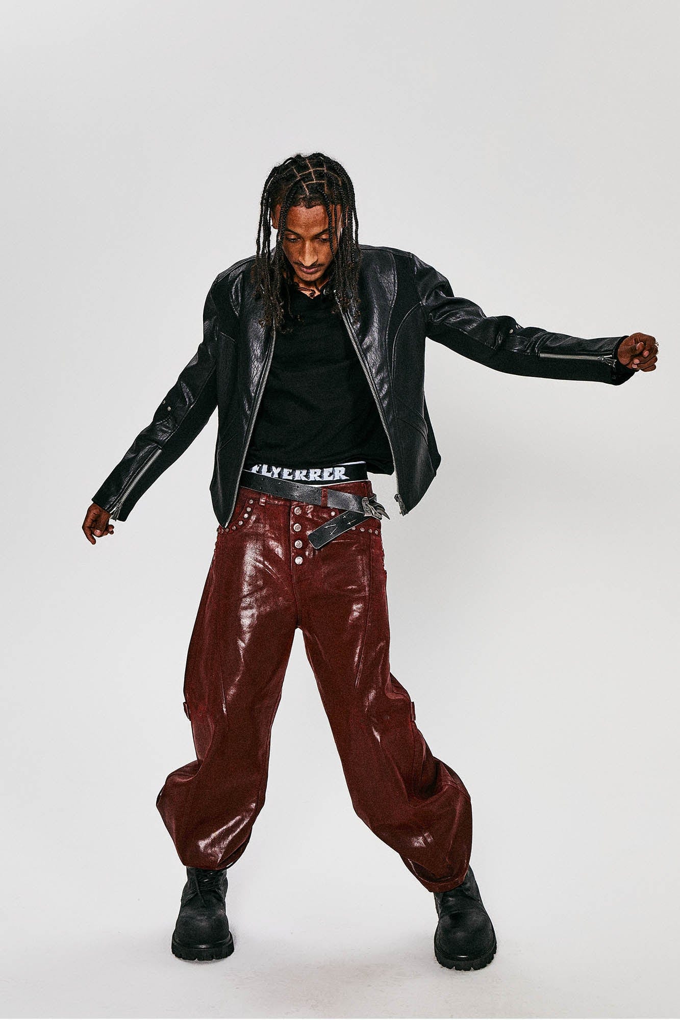 FLYERRER Waxed Spliced Studded Flared Pants, premium urban and streetwear designers apparel on PROJECTISR.com, FLYERRER
