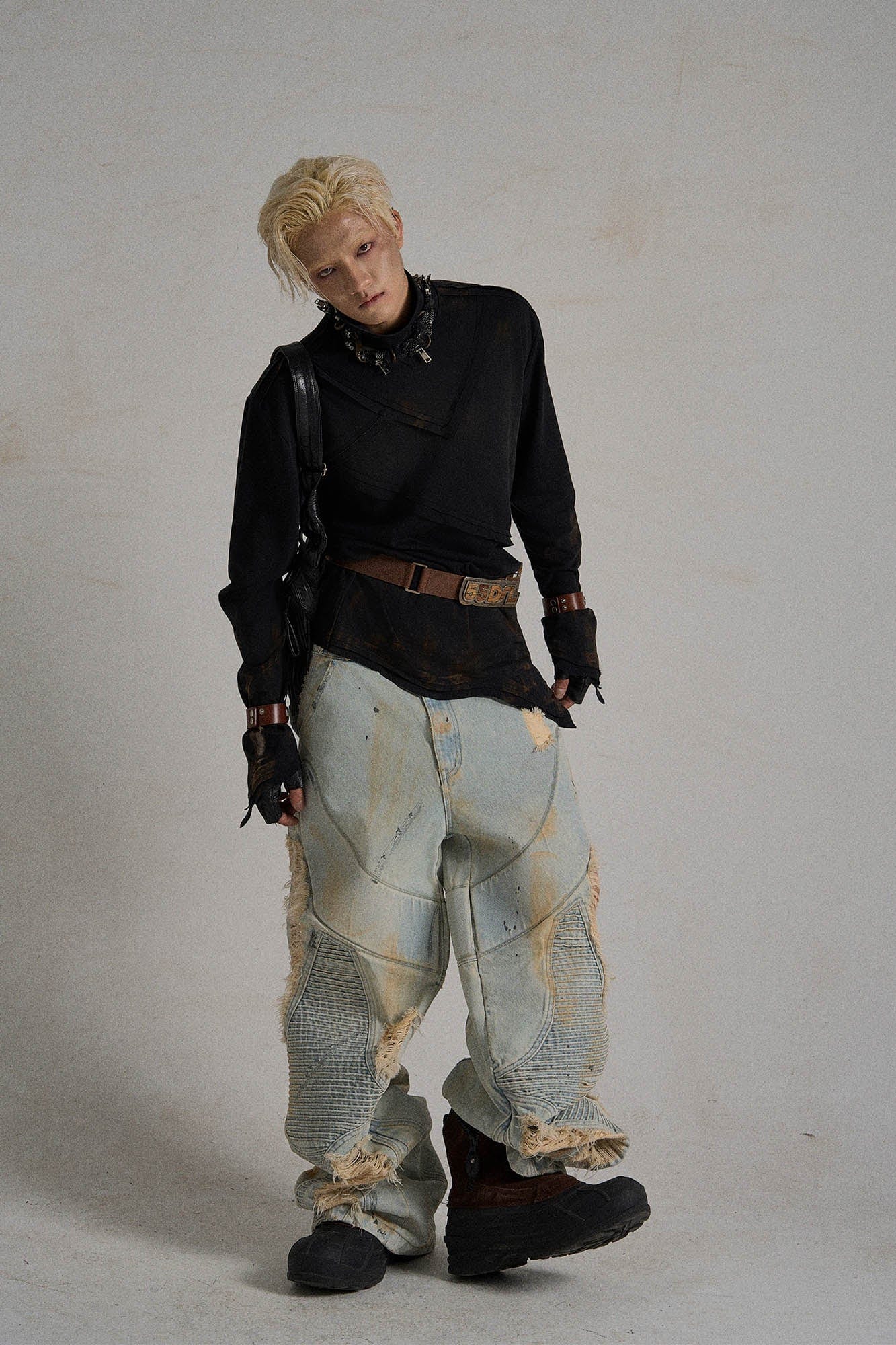 FLYERRER Paneled Heavily Ripped Fringe Jeans, premium urban and streetwear designers apparel on PROJECTISR.com, FLYERRER