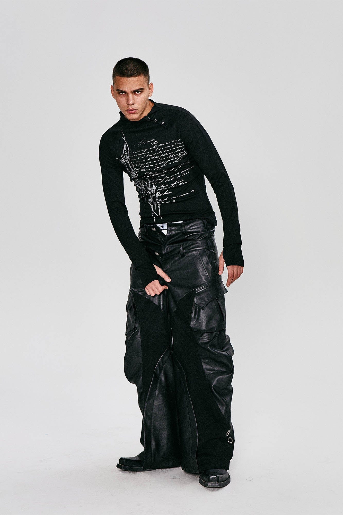 FLYERRER Gothic Script Graphic Asymmetrical Button Long-Sleeve Tee, premium urban and streetwear designers apparel on PROJECTISR.com, FLYERRER