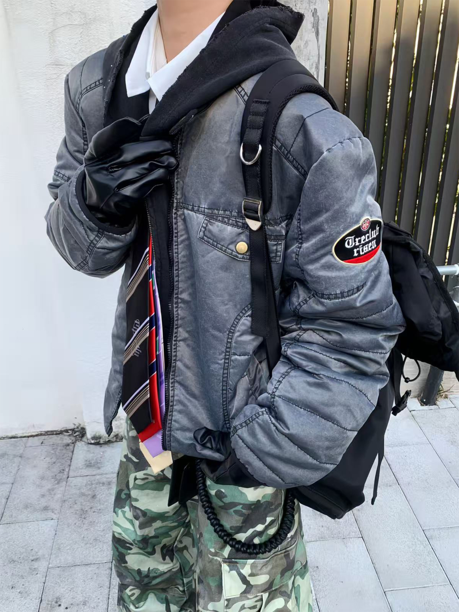 TRECLUB Washed Quilted Moto Down Jacket