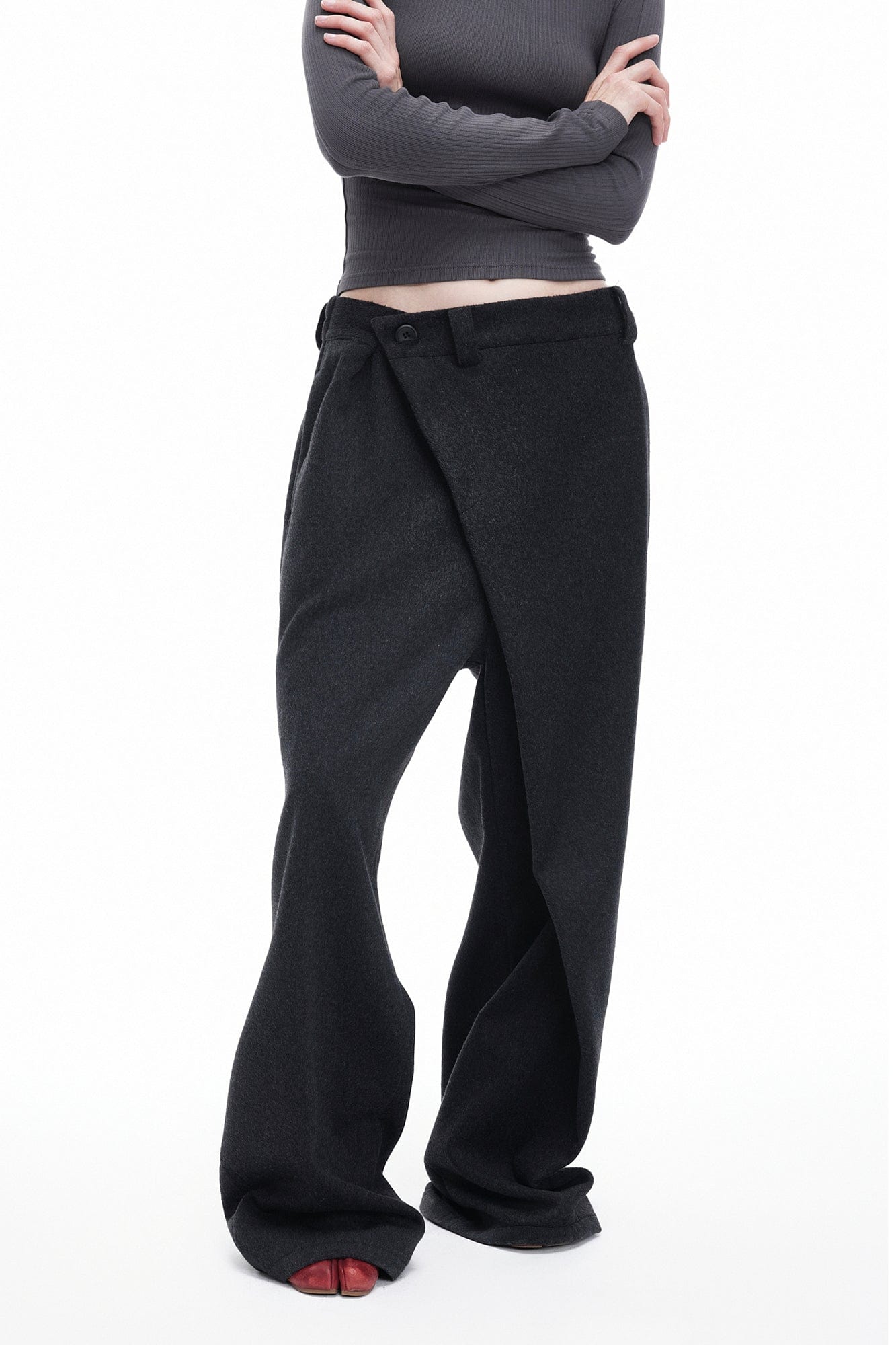ARTIFICIAL WORLD Asymmetrical Overlay Wool Wide-Leg Pants, premium urban and streetwear designers apparel on PROJECTISR.com, ARTIFICIAL WORLD