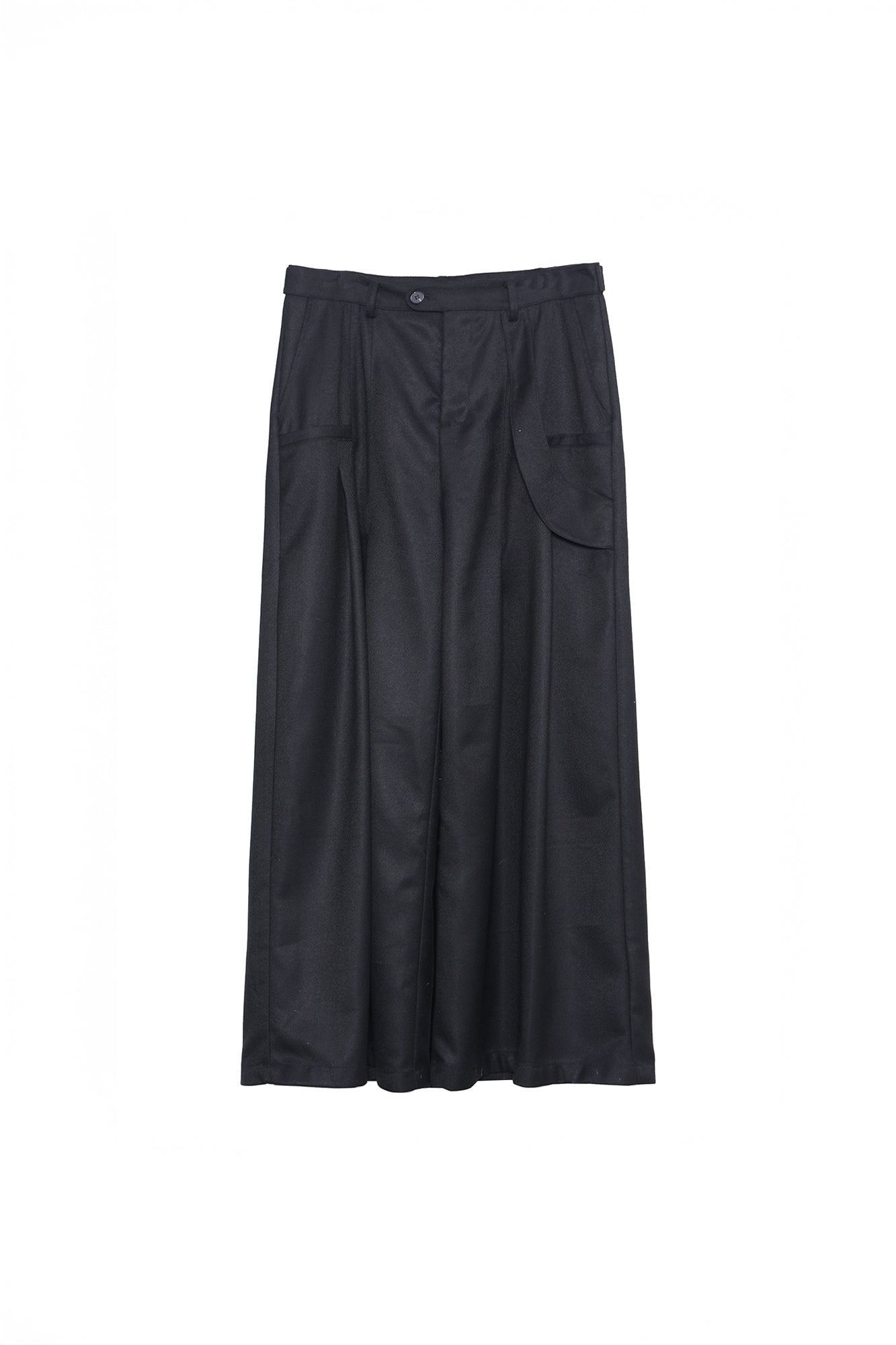 ASSEEN Asymmetrical Tab Pleated Wide-Leg Pants Black, premium urban and streetwear designers apparel on PROJECTISR.com, ASSEEN