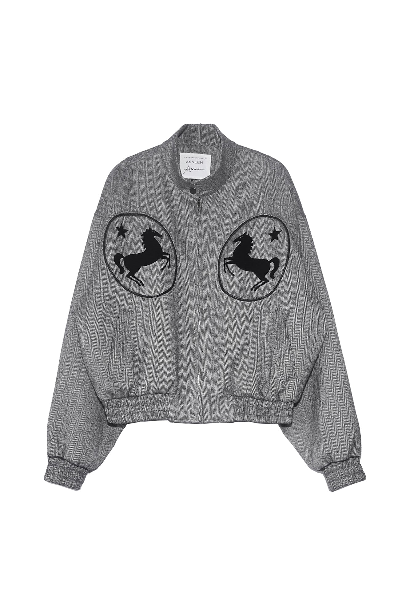 ASSEEN Horse Graphic Herringbone Bomber Jacket