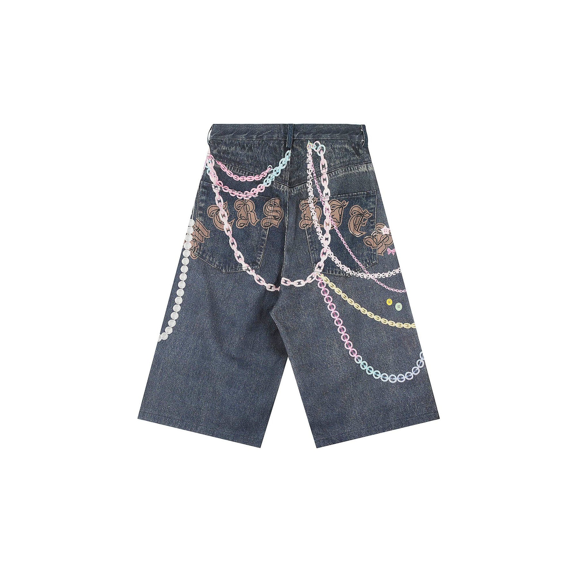 CLP Beaded Chain Graphics Wide-Leg Denim Shorts